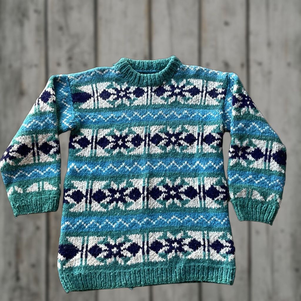 VINTAGE Amos Andes Sweater Mens Medium Knit Pullover Green Wool Crew Neck 90s Outdoor Geometric Pattern Mens