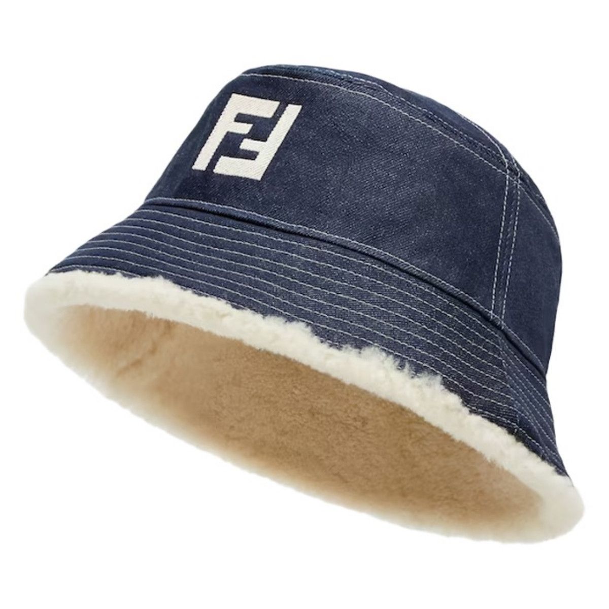 Fendi FENDI F logo Shearling trimmed blue denim bucket hat Size ONE SIZE - 1 Thumbnail