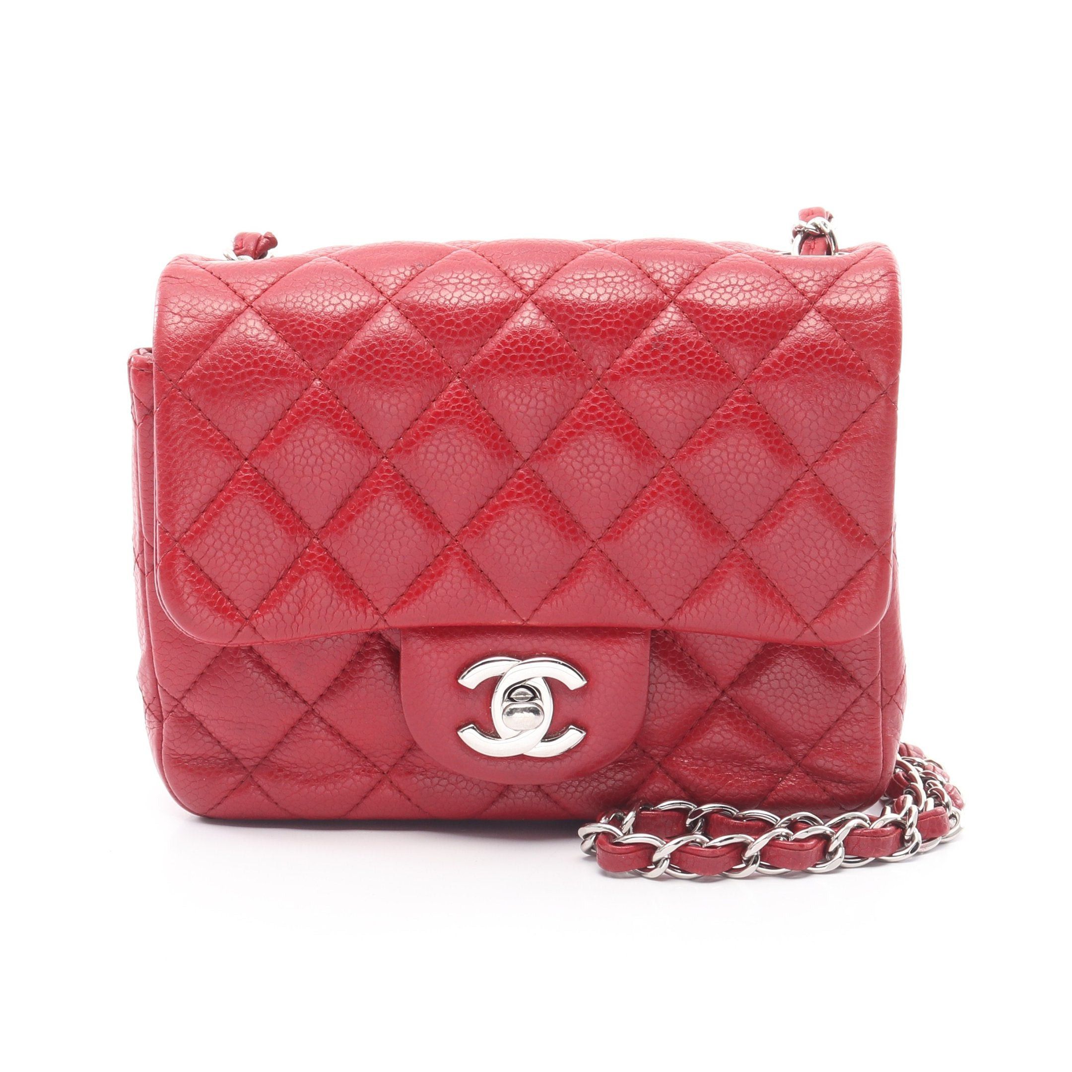 Chanel Mini Matelasse Chain Shoulder Bag Caviar Skin Red Silver Hardware, Women's