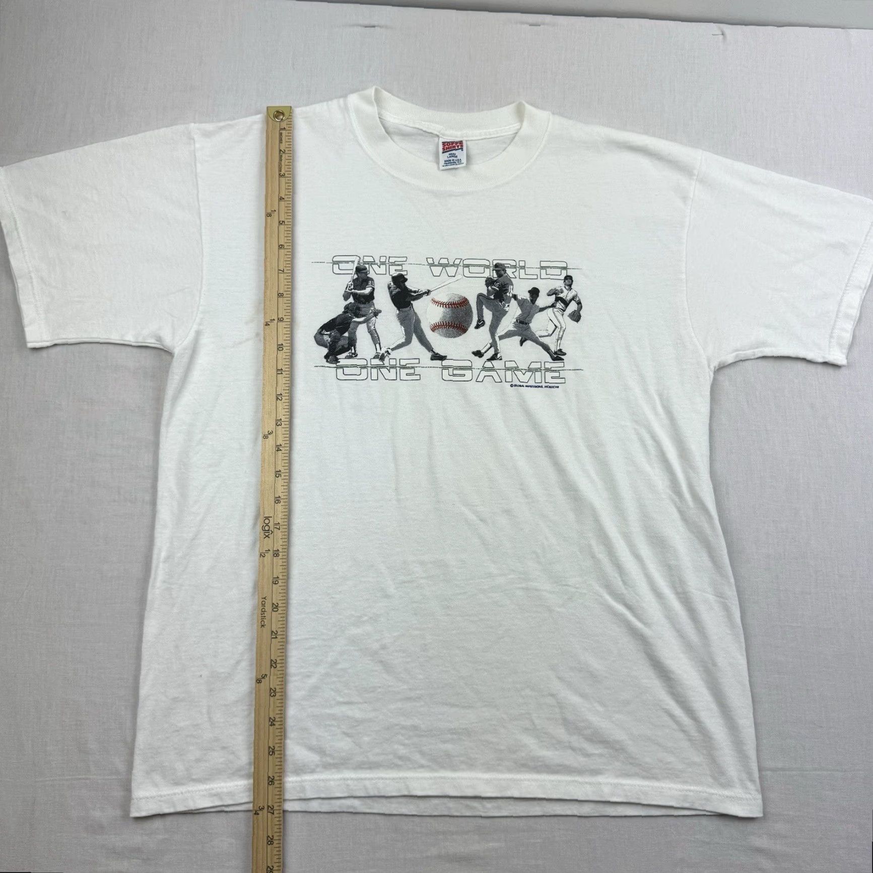 Soffe VINTAGE Soffe Baseball Shirt Men L White 90s Sports One World One Game Crew Neck Short Sleeve Size US L / EU 52-54 / 3 - 7 Thumbnail
