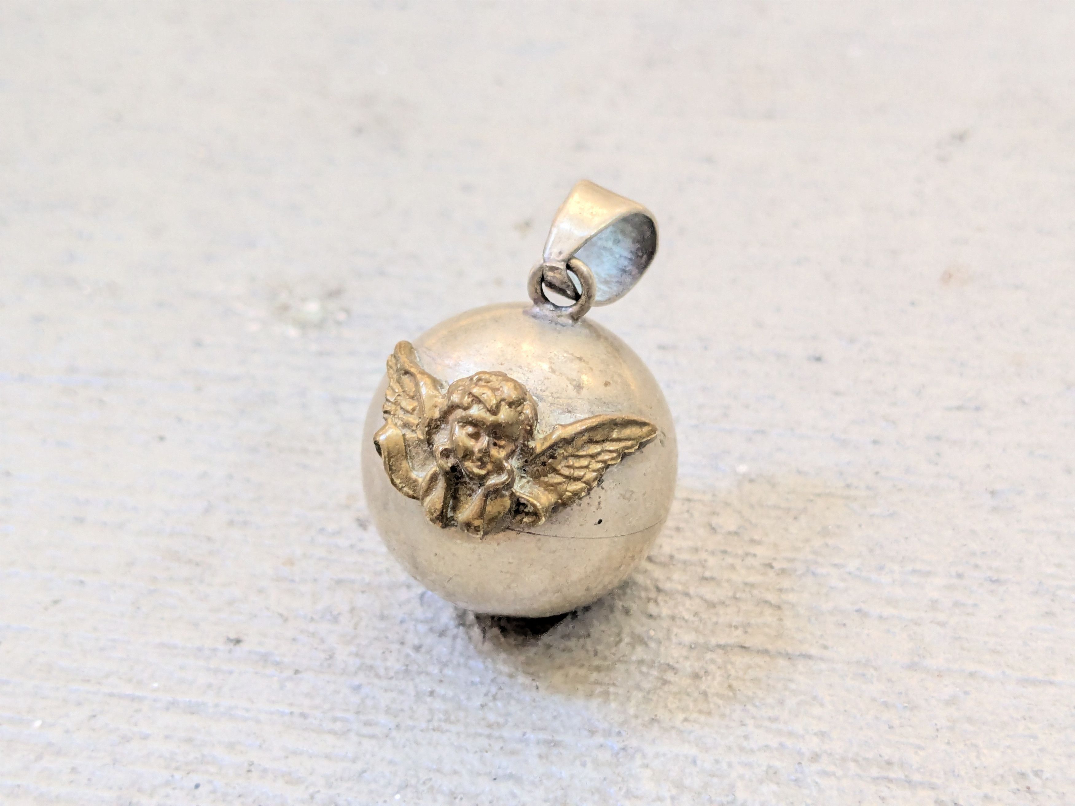 Vintage Alpaca Silver Chime Pendant Angel Sphere Bell Brass