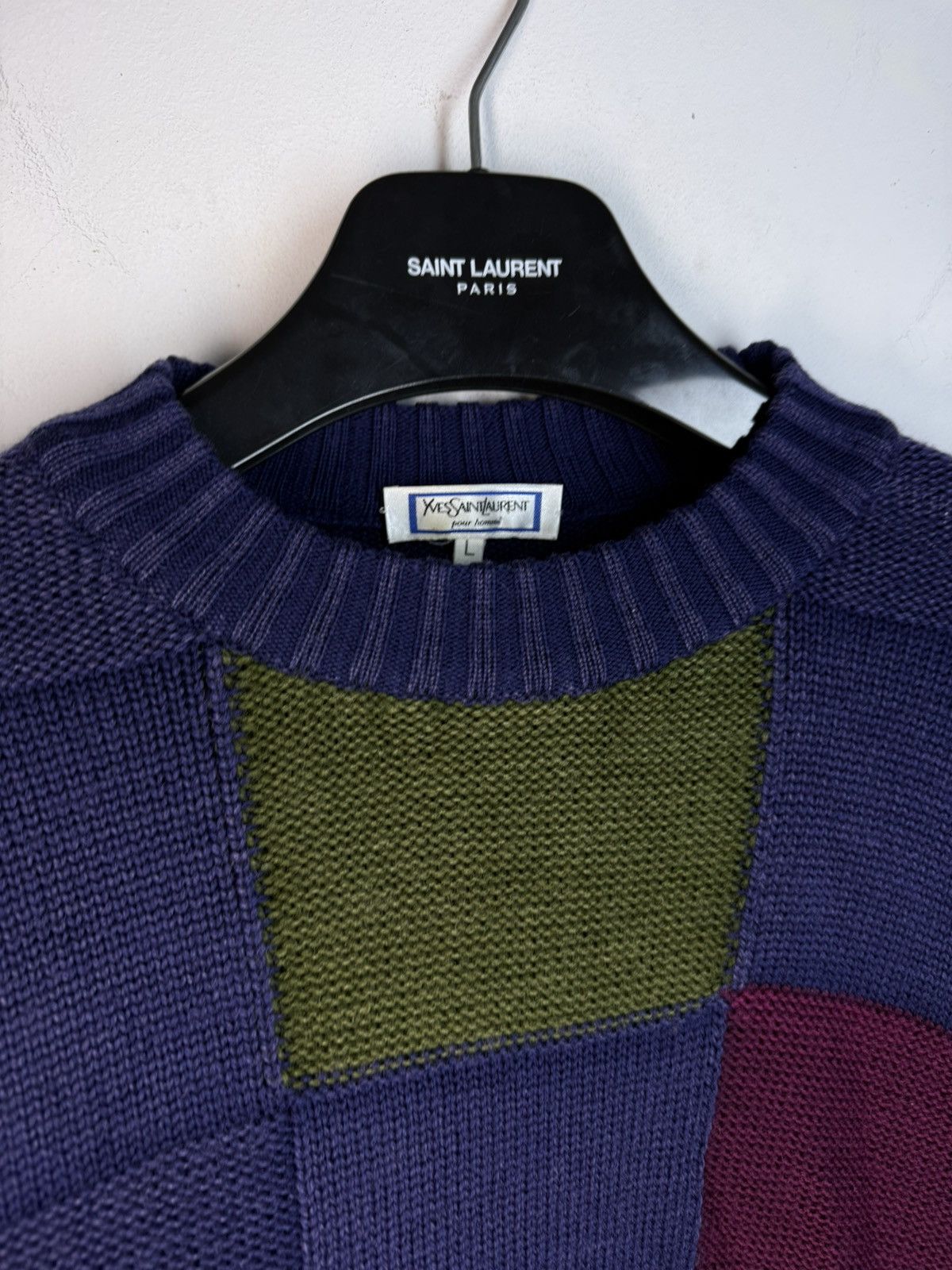 Yves Saint Laurent 🇮🇹 90s Wool YSL Sweater Knit Patchwork Saint Laurent Paris Size US L / EU 52-54 / 3 - 7 Thumbnail