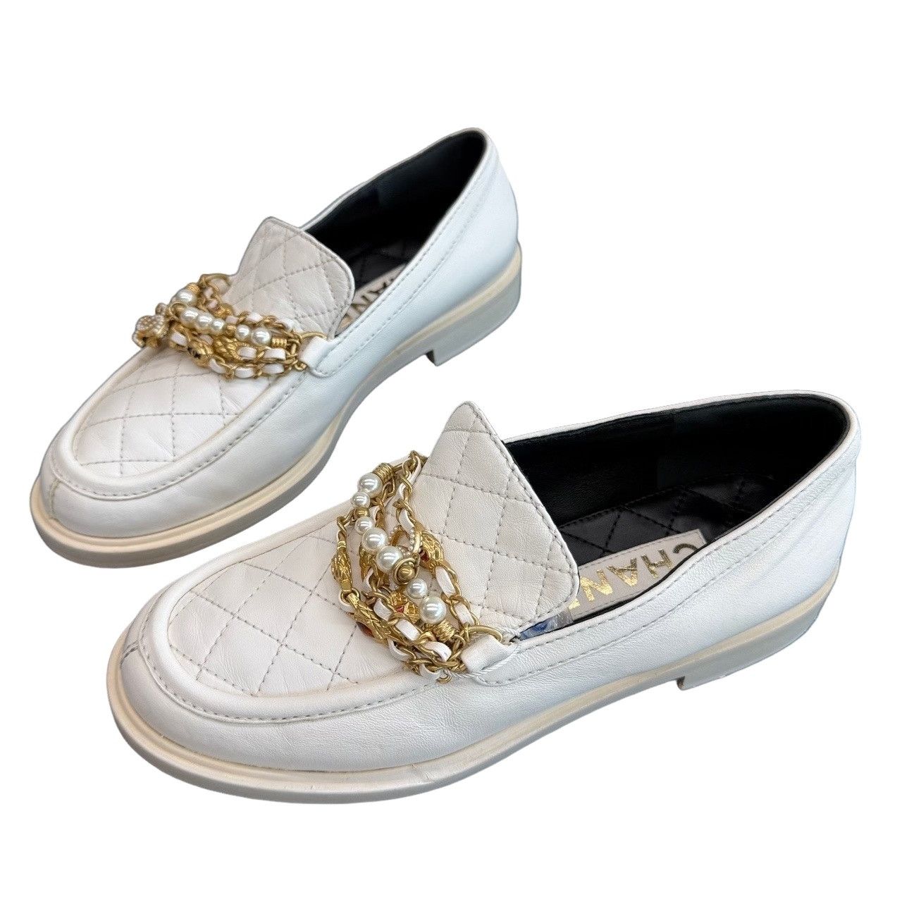 Chanel Chanel White Quilted Pearl Chain Loafers Size 36.5 Size US 5.5 / IT 35.5 - 1 Thumbnail
