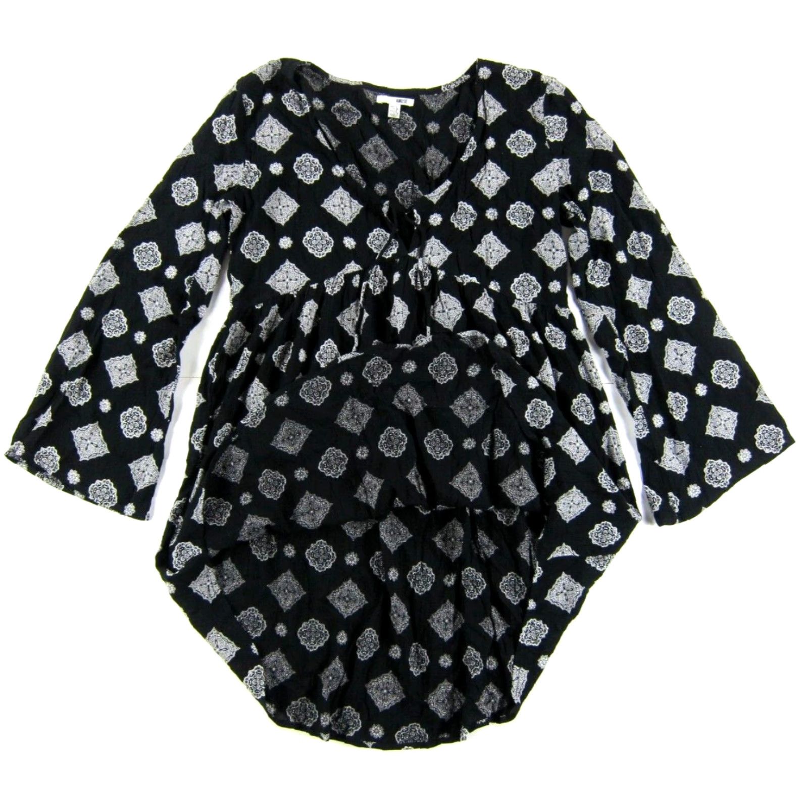 Society Amuse Black White Paisley 100% Rayon Long Sleeve V-Neck Dress Small