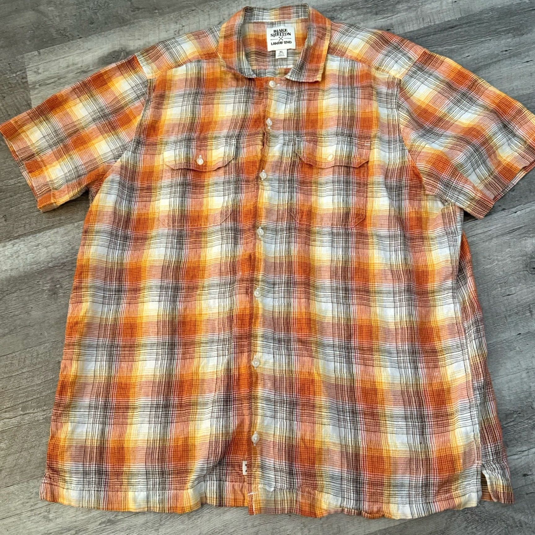 Lands' End Lands End x Blake Shelton Shirt Mens XL Orange Plaid Button Up 100% Linen Short Sleeve Size US XL / EU 56 / 4 - 3 Thumbnail