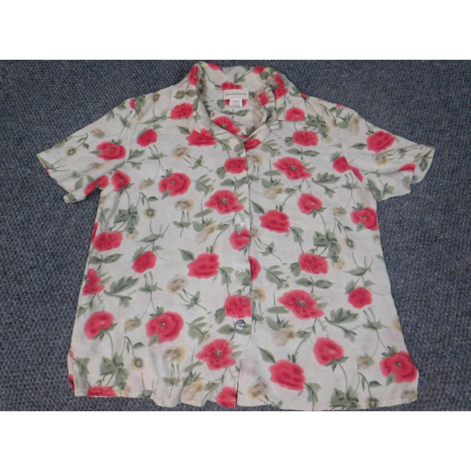 Vintage Jaclyn Smith Womens Button-Up Shirt Short Sleeve Beige Floral Small S Regular Crew Neck Pullover Casual Polyester Rayon Button Size S / US 4 / IT 40 - 2 Thumbnail