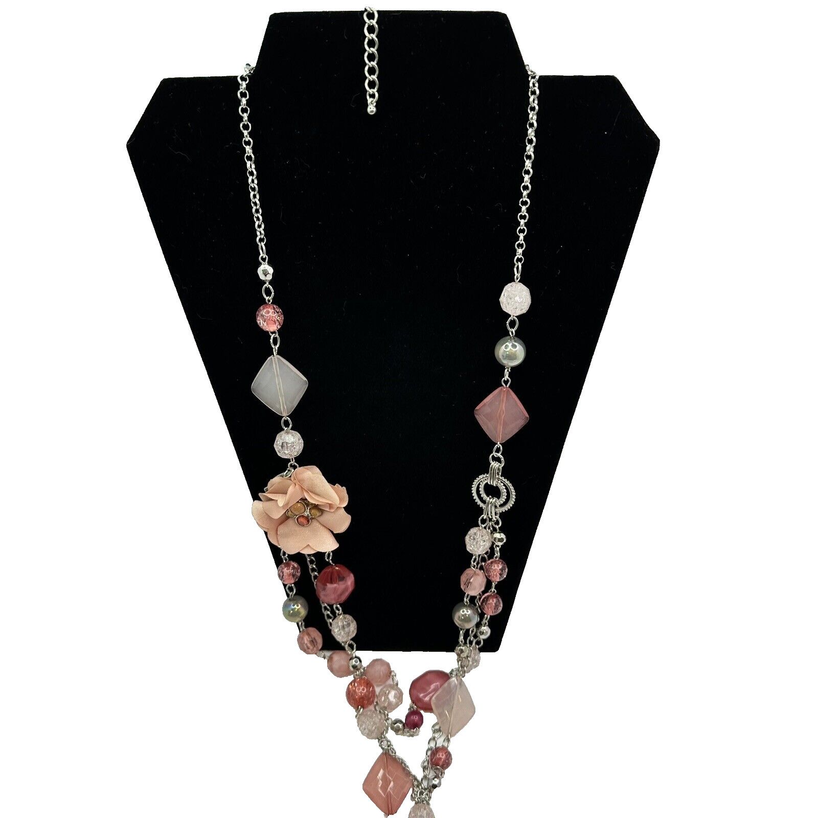 Other NY Pink Dangle Necklace 30" Beads Link Chain Flower AB Beads Size ONE SIZE - 3 Thumbnail