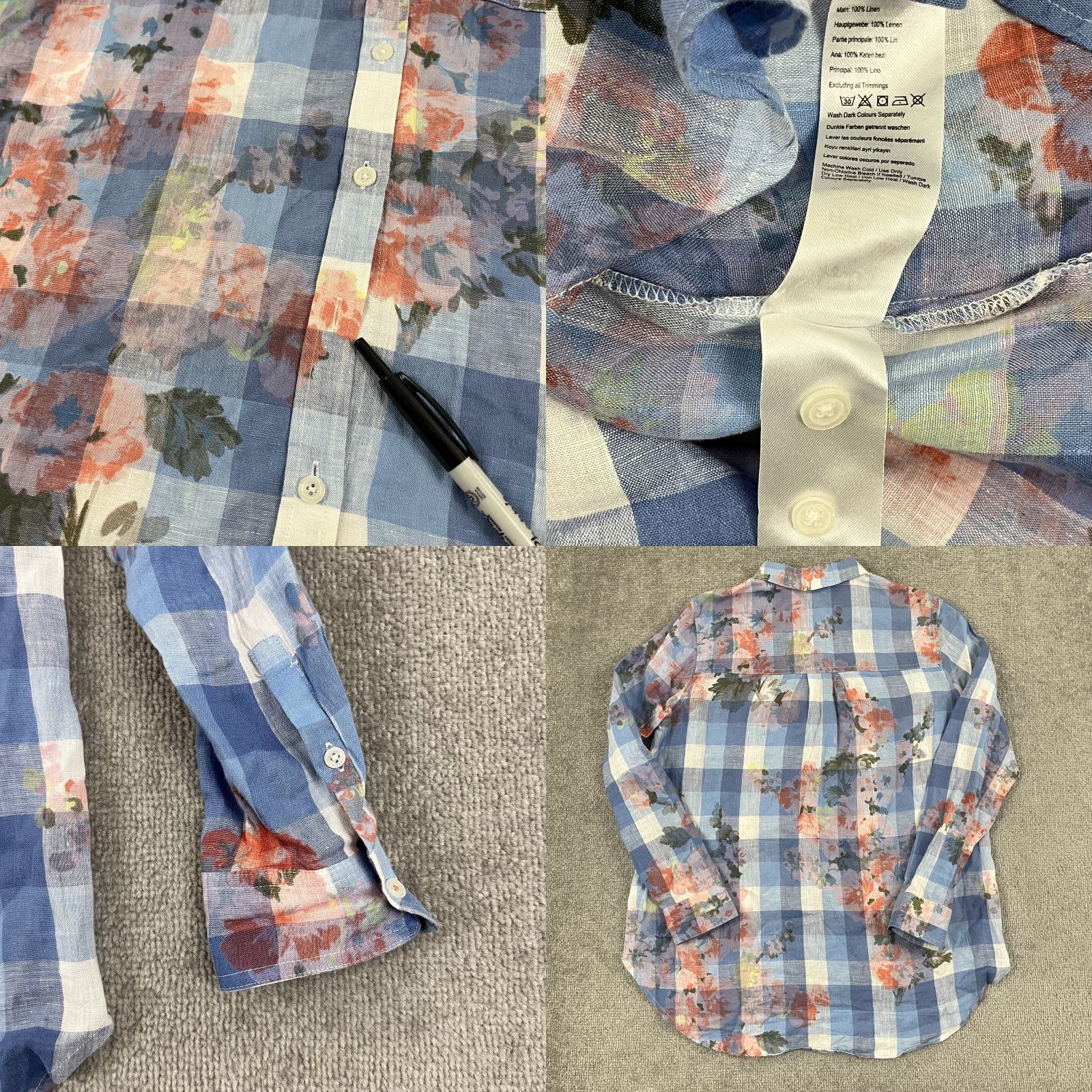 Vintage Joules Button Up Shirt Womens UK 14 / US 10 Blue Plaid Floral Jeanne Linen Boho Shirt Size XL / US 12-14 / IT 48-50 - 8 Thumbnail