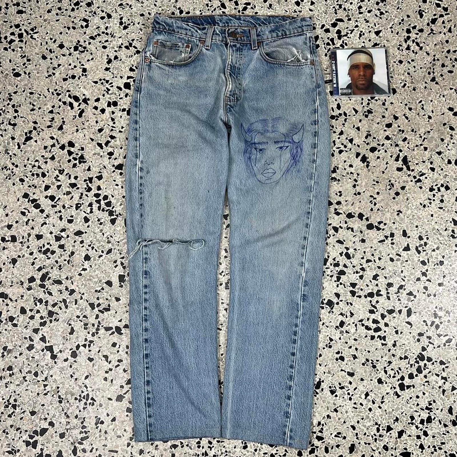 Levi's × Vintage VINTAGE Y2K LEVIS 505 DIABLA HAND DRAWN MODERN PUNK JEANS: Size US 32 / EU 48 - 2 Thumbnail