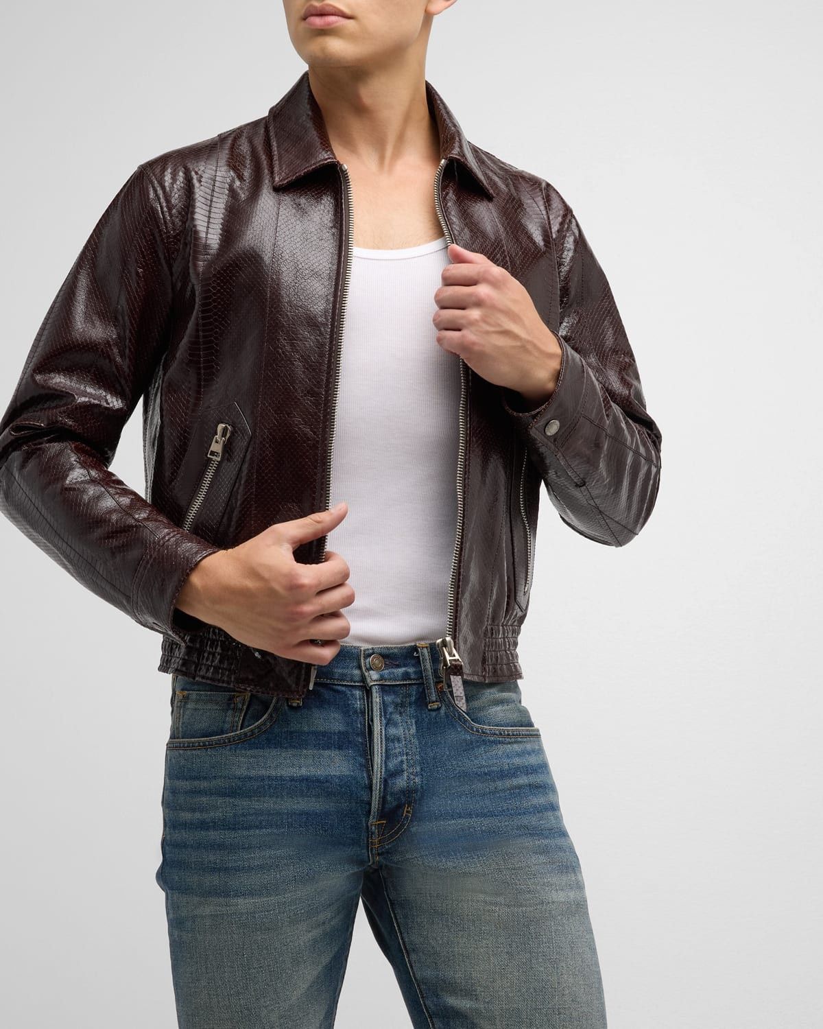 Tom Ford o1w1db10925 LBS059 Python-Effect Leather Jacket in Brown Size US S / EU 44-46 / 1 - 5 Thumbnail