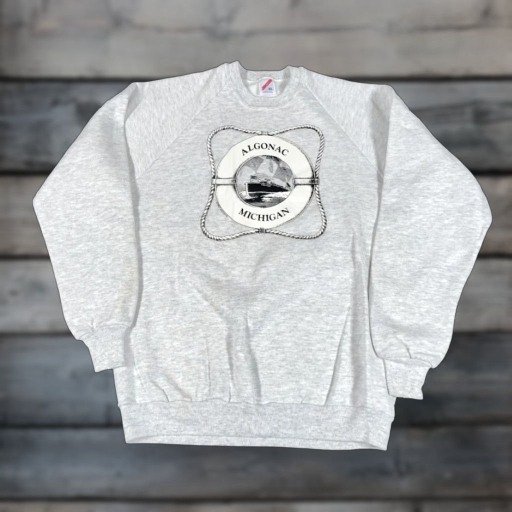Jerzees VTG 80s Algonac Michigan Boat Print Sweatshirt Jerzees Mens Adult Medium XL Tag Knit Raglan Crew Neck Lightweight Graphic Print Vintage USA Made Gray Size US M / EU 48-50 / 2 - 1 Thumbnail