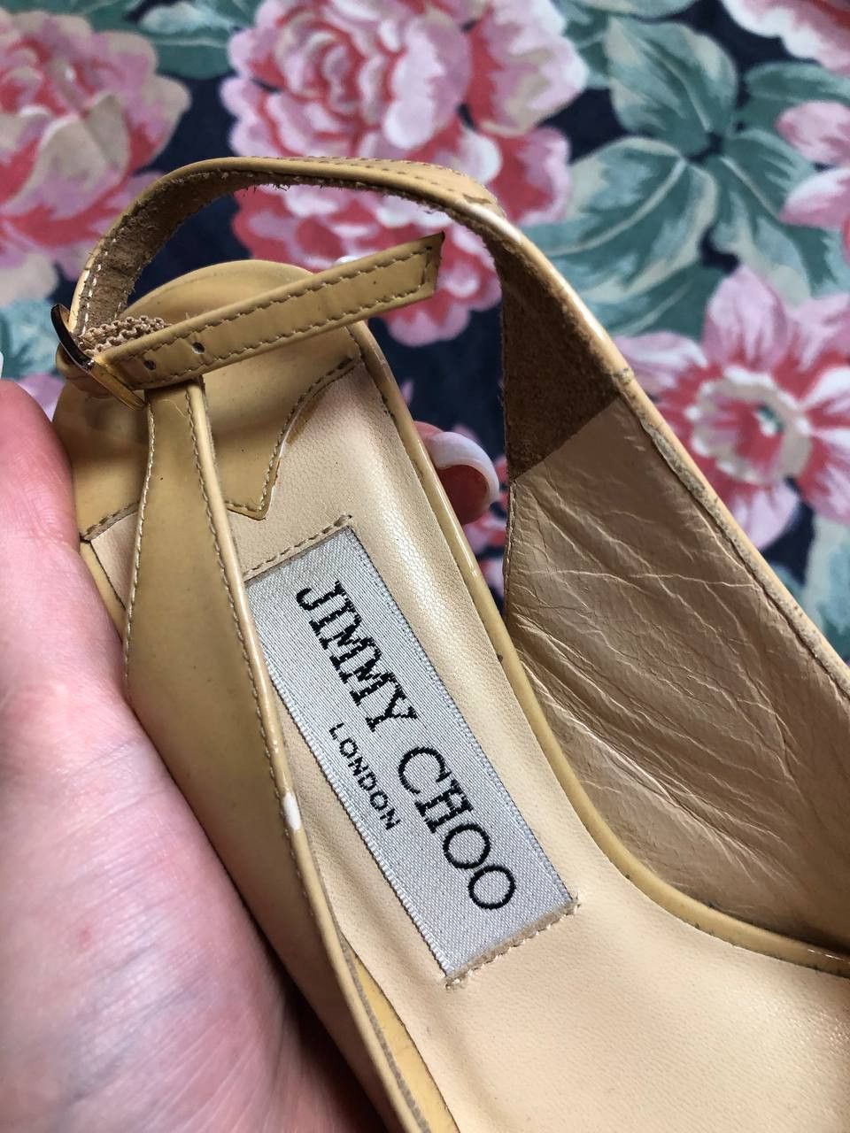 Jimmy Choo Jimmy Choo Womens Patent Leather Peep Toe Heel Pumps Beige Size US 5 / IT 35 - 2 Thumbnail