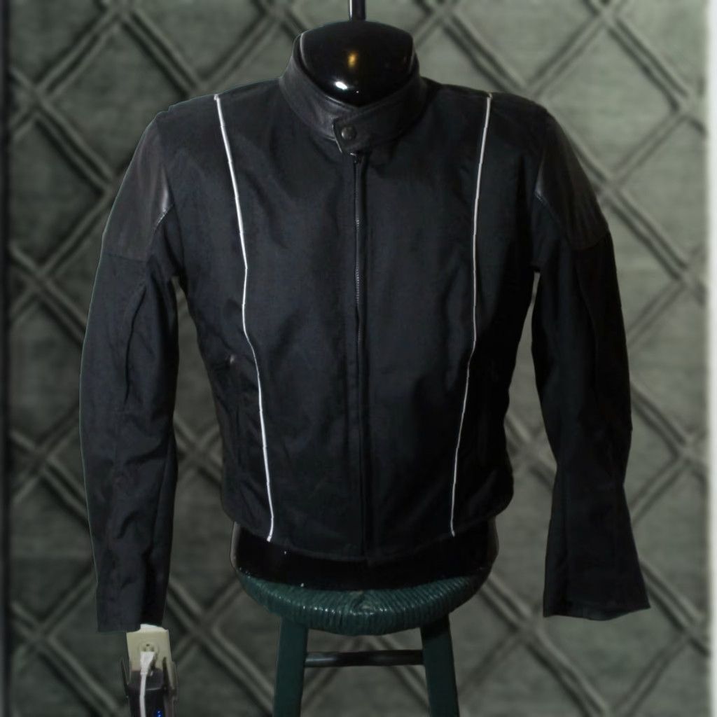 OUTBACK Black Full Zip Leather Canvas Motorcycle Jacket Size S Mens