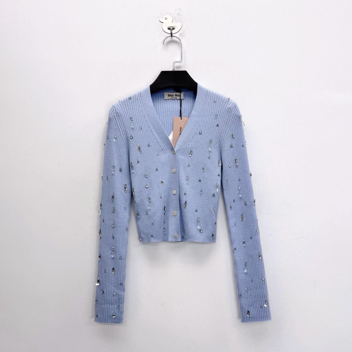 Miu Miu Miu Miu Light Blue Rhinestone Wool Knit Cardigan Size S / US 4 / IT 40 - 1 Thumbnail