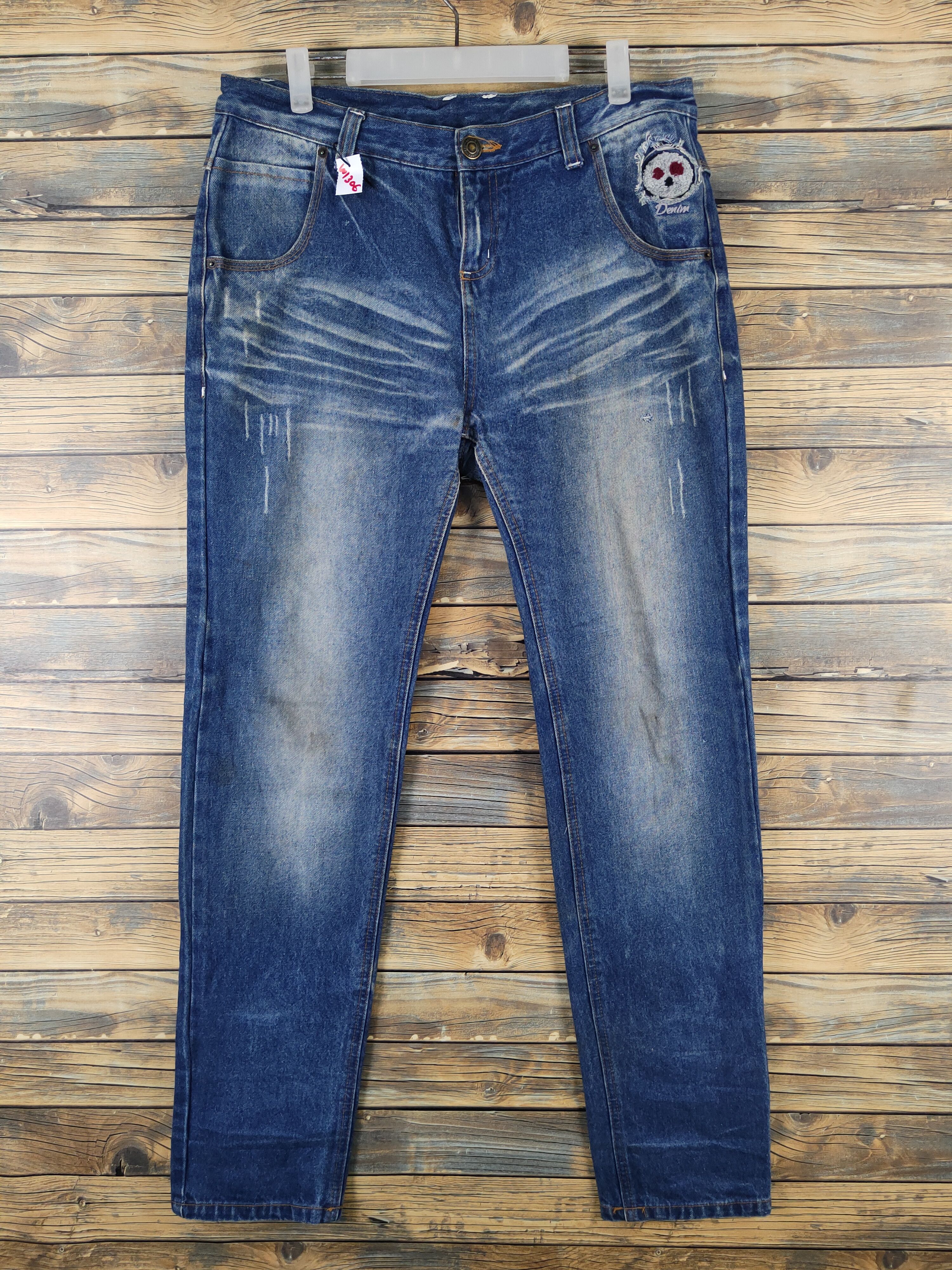 Japan skull Blue Distressed Ripped denim Jeans #W1306