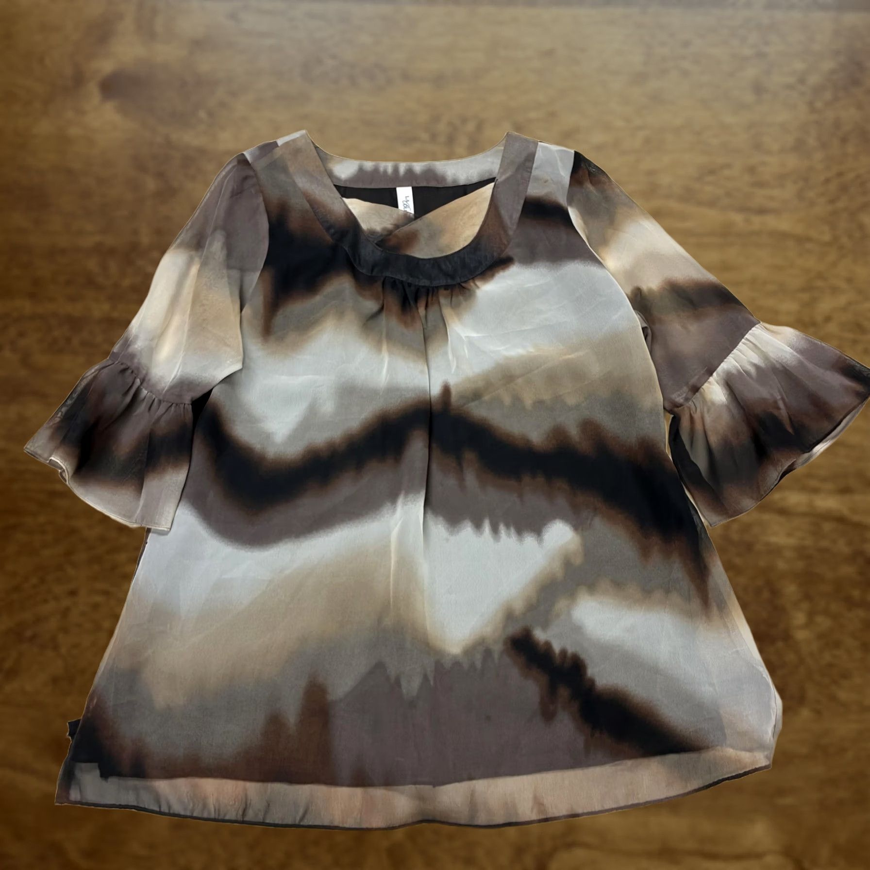 Vintage L.A. Blues Blouse Womens 14/16W Brown Chiffon Ruffle Bell Sleeve Tunic Top Size XL / US 12-14 / IT 48-50 - 1 Thumbnail
