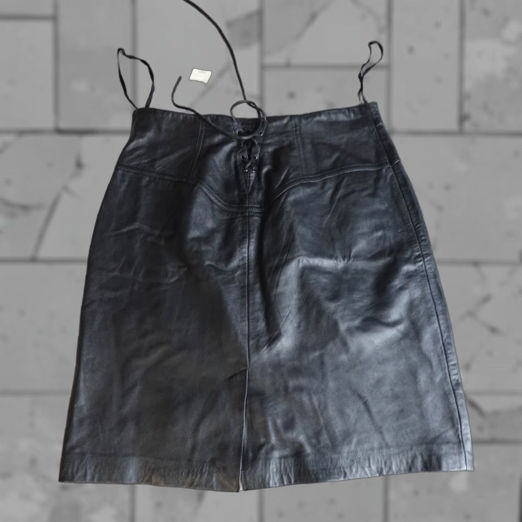 VINTAGE Express Womens Skirt 13 Black Solid Pencil Back Lace Leather NEW Y2K