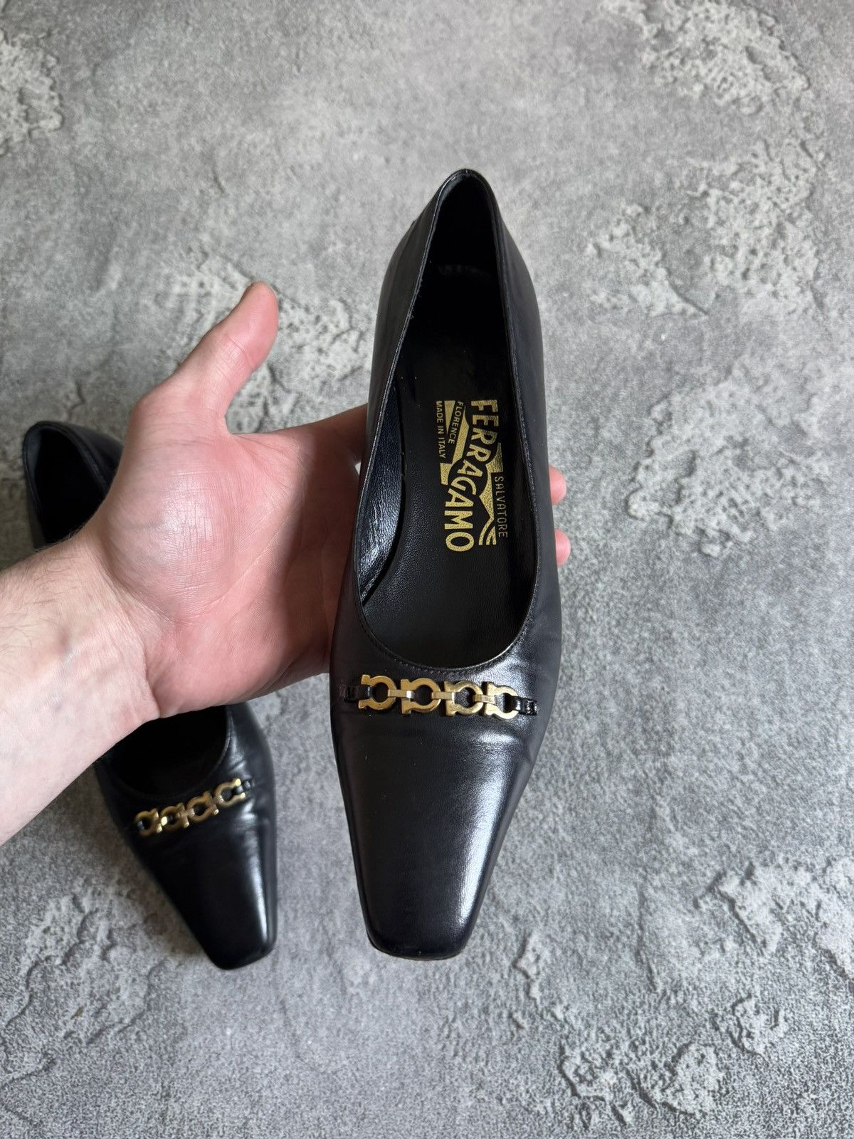 Salvatore Ferragamo Salvatore Ferragamo black leather short heels 👠 gold detail Size US 6 / IT 36 - 8 Thumbnail