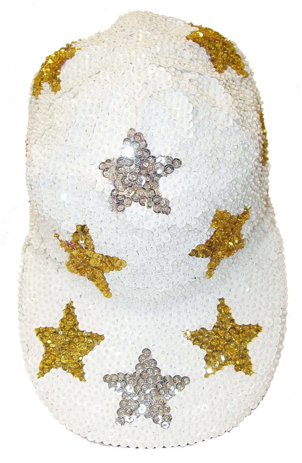 Designer Sequin Baseball Cap WHITE with GOLD & SILVER Stars Size ONE SIZE - 1 Preview