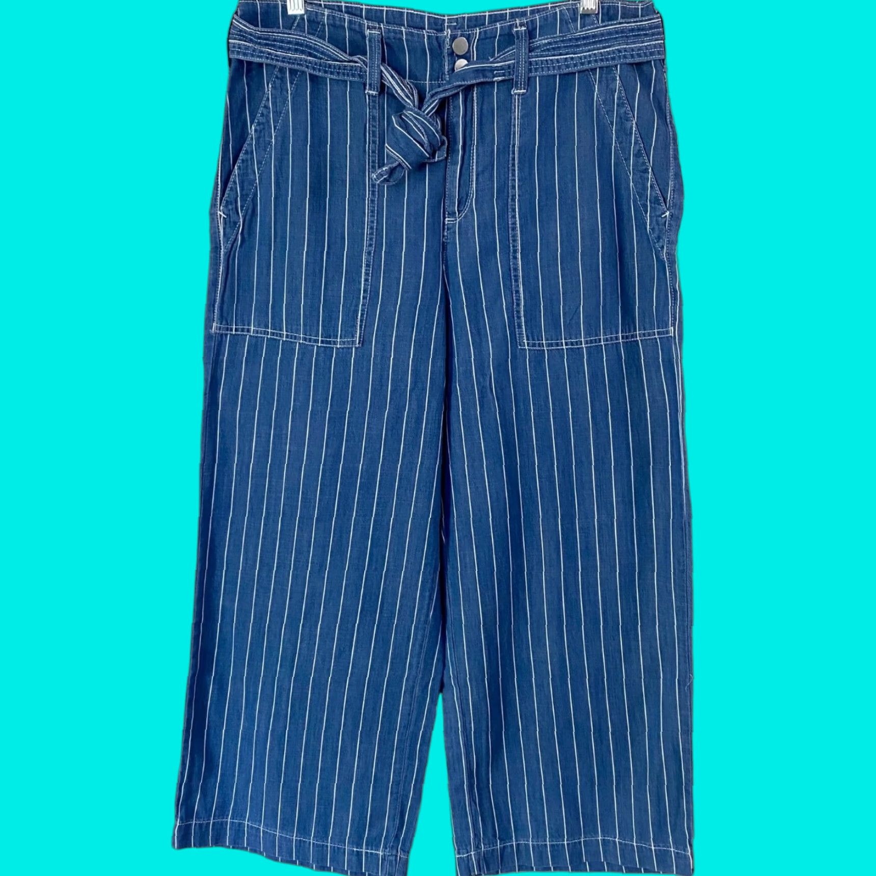 Vintage SEVEN7 Belted Wide-Leg Cropped Pants Denim Womens 8 Blue Striped Loose-Fit New Size 30" / US 8 / IT 44 - 1 Thumbnail