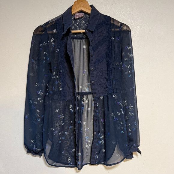 Free People Free People Sheer Navy Floral Button-Down Blouse – Sz M Size M / US 6-8 / IT 42-44 - 2 Thumbnail