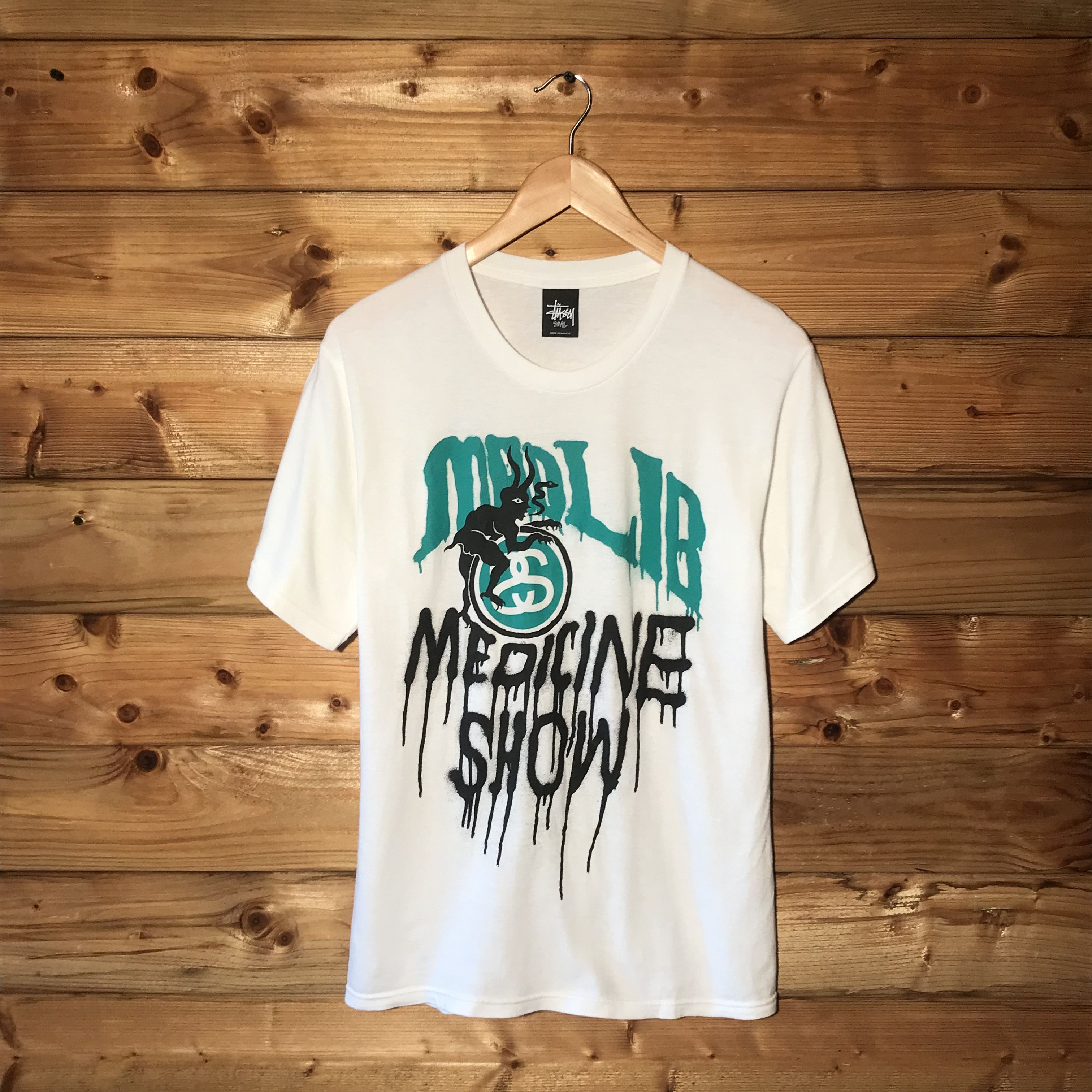 image of Rap Tees x Stussy Madlib Medicine Show Centre Drip Effect Spellout Tee in White, Men's (Size Small)