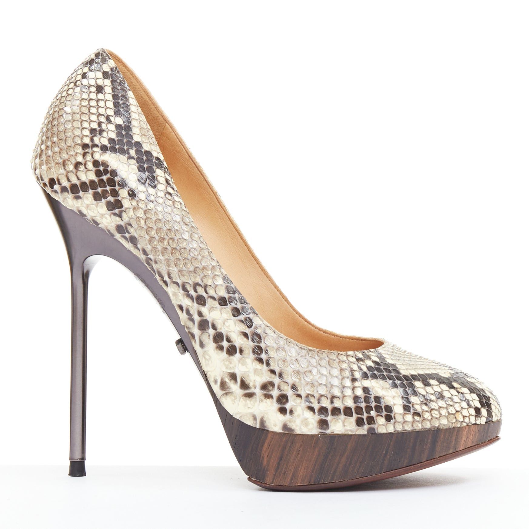 Lanvin LANVIN 2011 beige scaled leather brown wood platform pumps EU36.5 Size US 6.5 / IT 36.5 - 1 Thumbnail