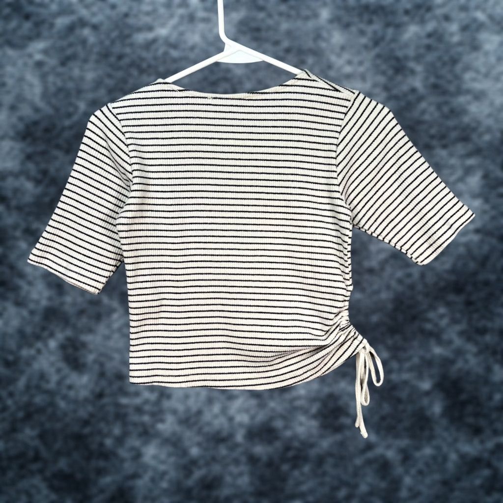 Mango Mango Womens XS Striped Ruched-Side Ribbed Top Black & White Knit Short Sleeve Shirt Men? Size XS / US 0-2 / IT 36-38 - 1 Thumbnail