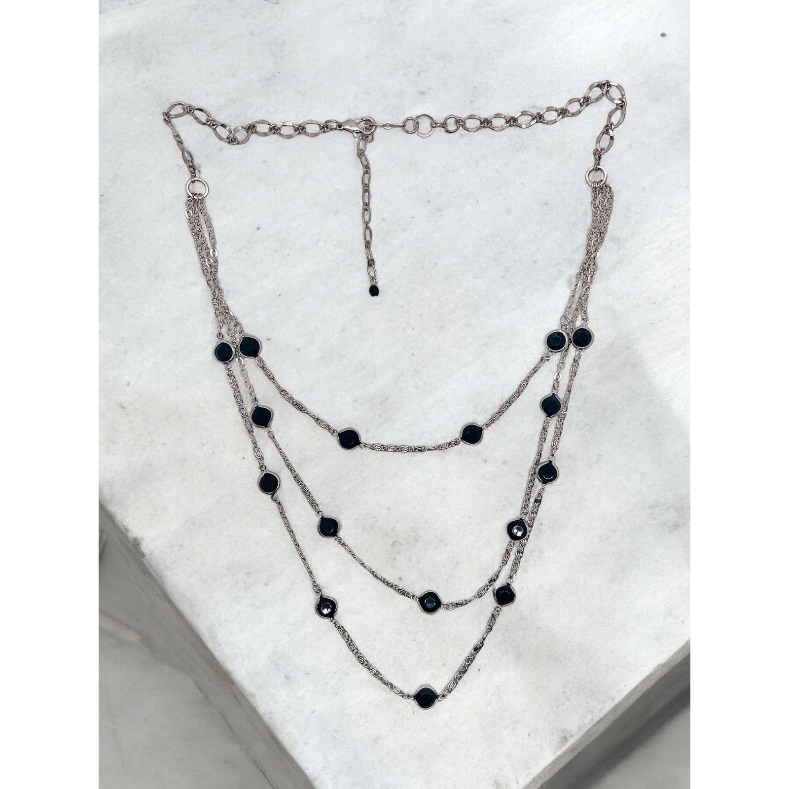 Vintage Silver Tone Jewelry Set-Black Bead Necklace & Drop Earrings Size ONE SIZE - 4 Thumbnail