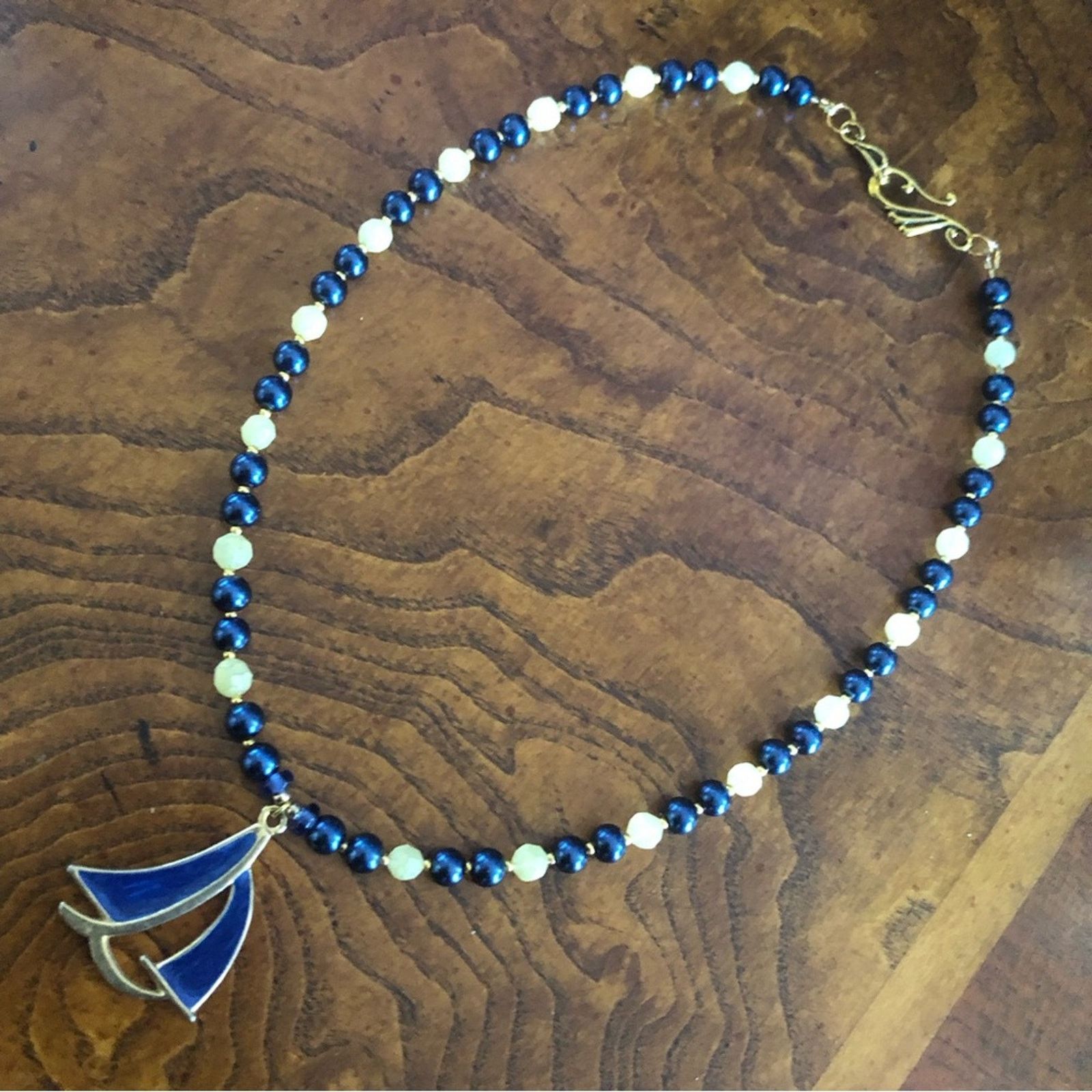 Handmade Handcrafted repurpose royal blue sailboat Pearl necklac Size ONE SIZE - 10 Thumbnail