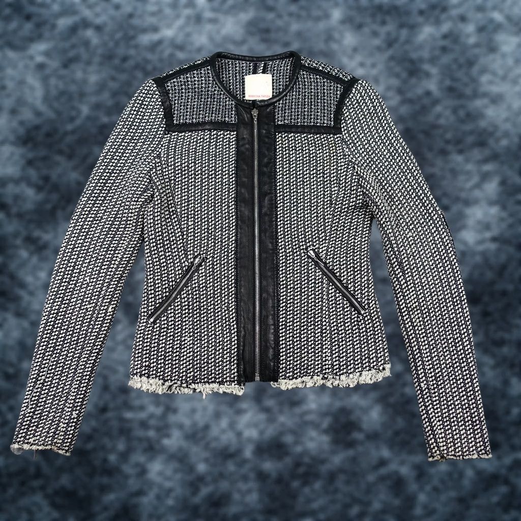 Rebecca Taylor Rebecca Taylor Jacket Womens Small Blue Tweed Leather Trim Moto Fringe Zip Jacket Size S / US 4 / IT 40 - 1 Thumbnail