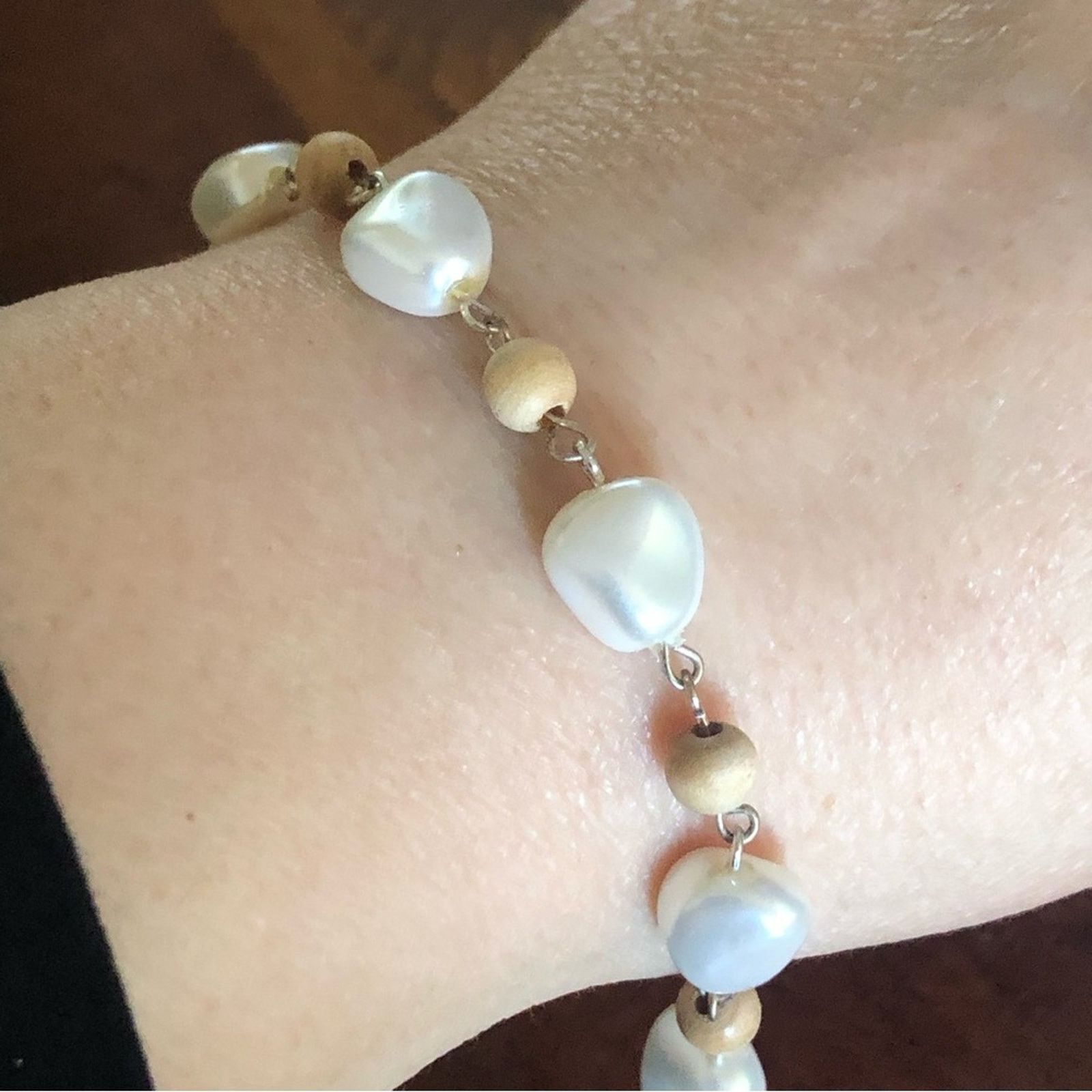 Jewelry Simulated pearl and wood bead link bracelet Size ONE SIZE - 5 Thumbnail