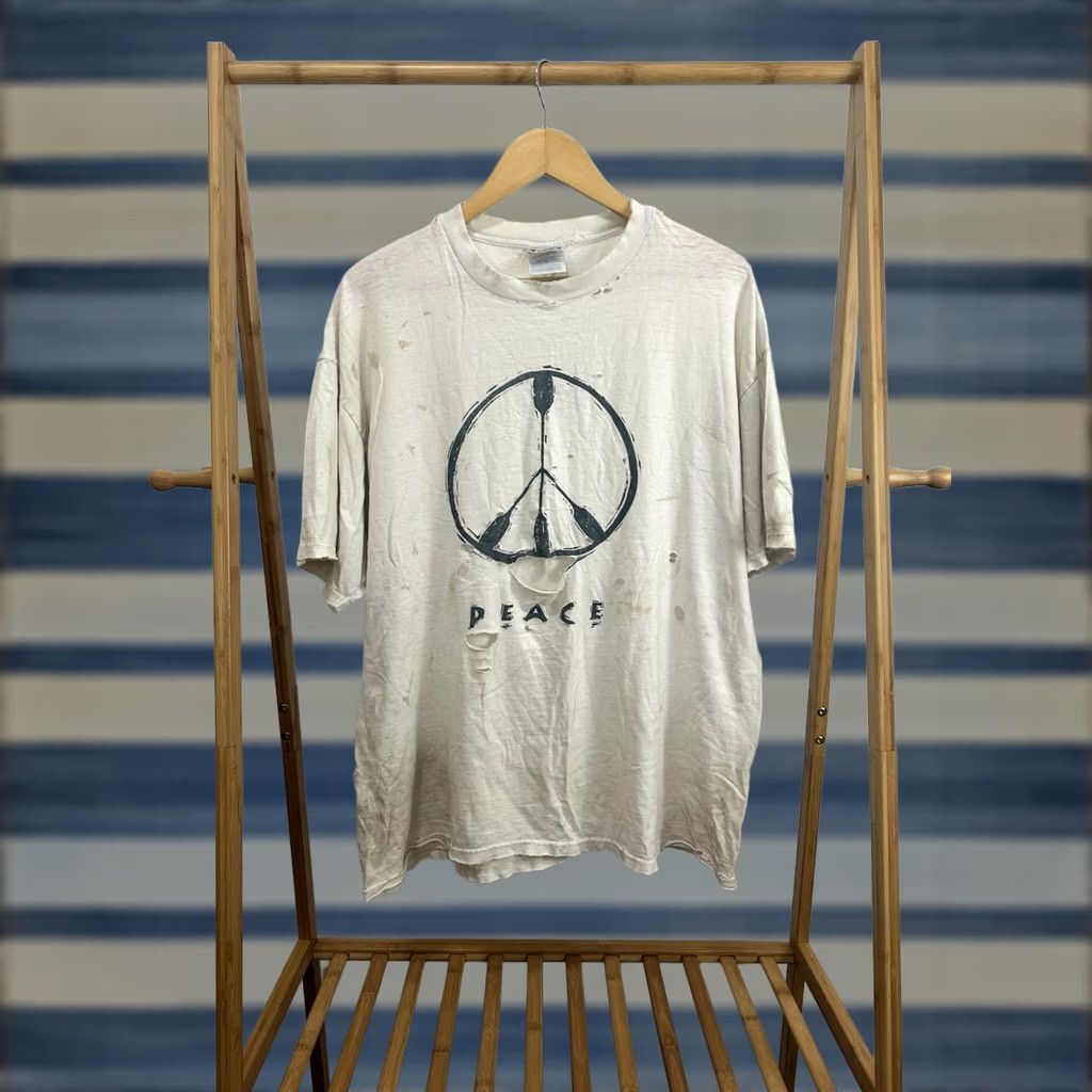 Hanes VINTAGE Hanes T-Shirt Peace Sign Distressed White XL Mens Shirt Large Distressedfest Grunge 90s Style Size US XL / EU 56 / 4 - 1 Thumbnail