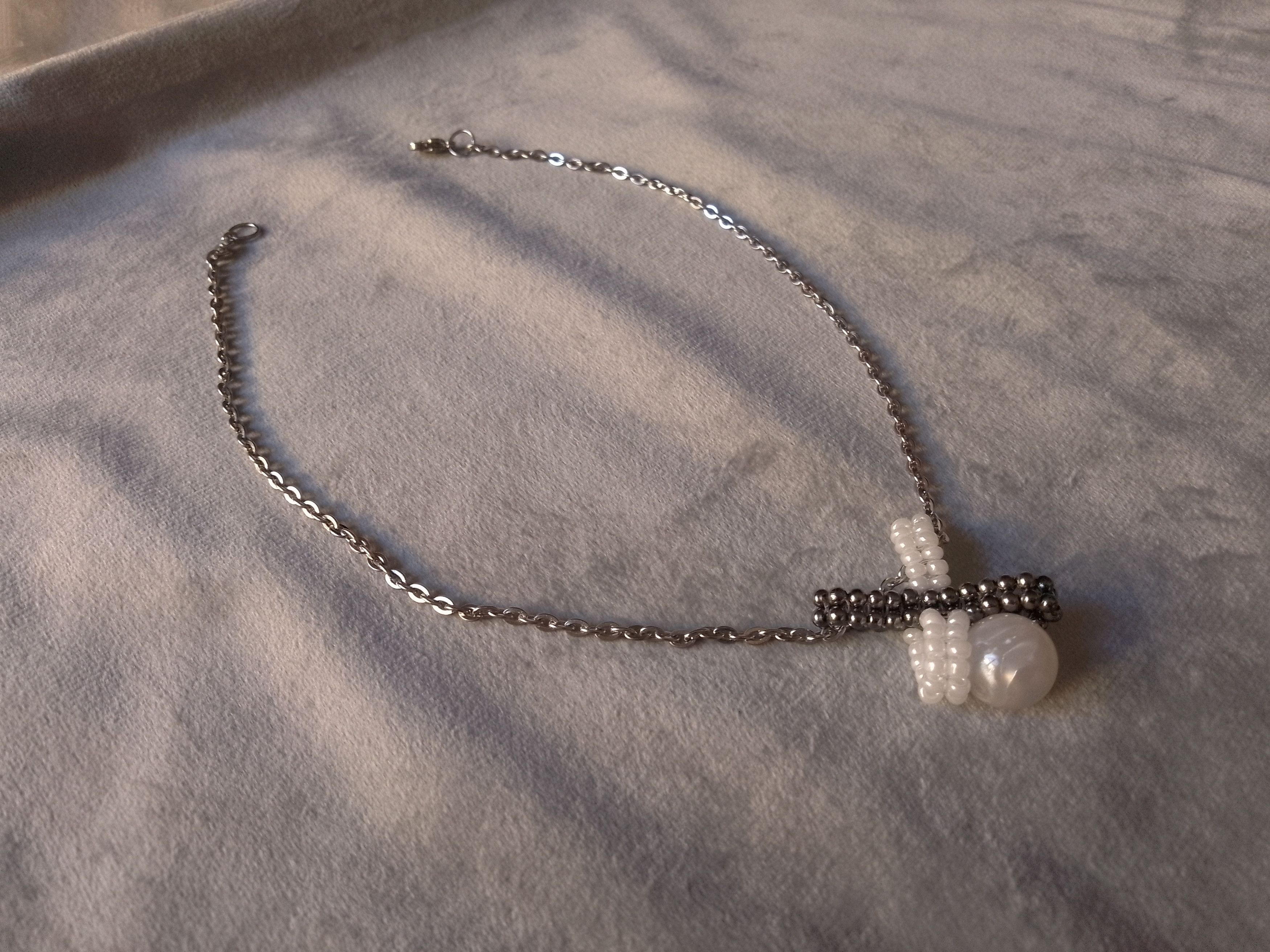 Handmade Necklace Pearl Beaded Cross X Pendant Elegant White Gray Size ONE SIZE - 4 Thumbnail