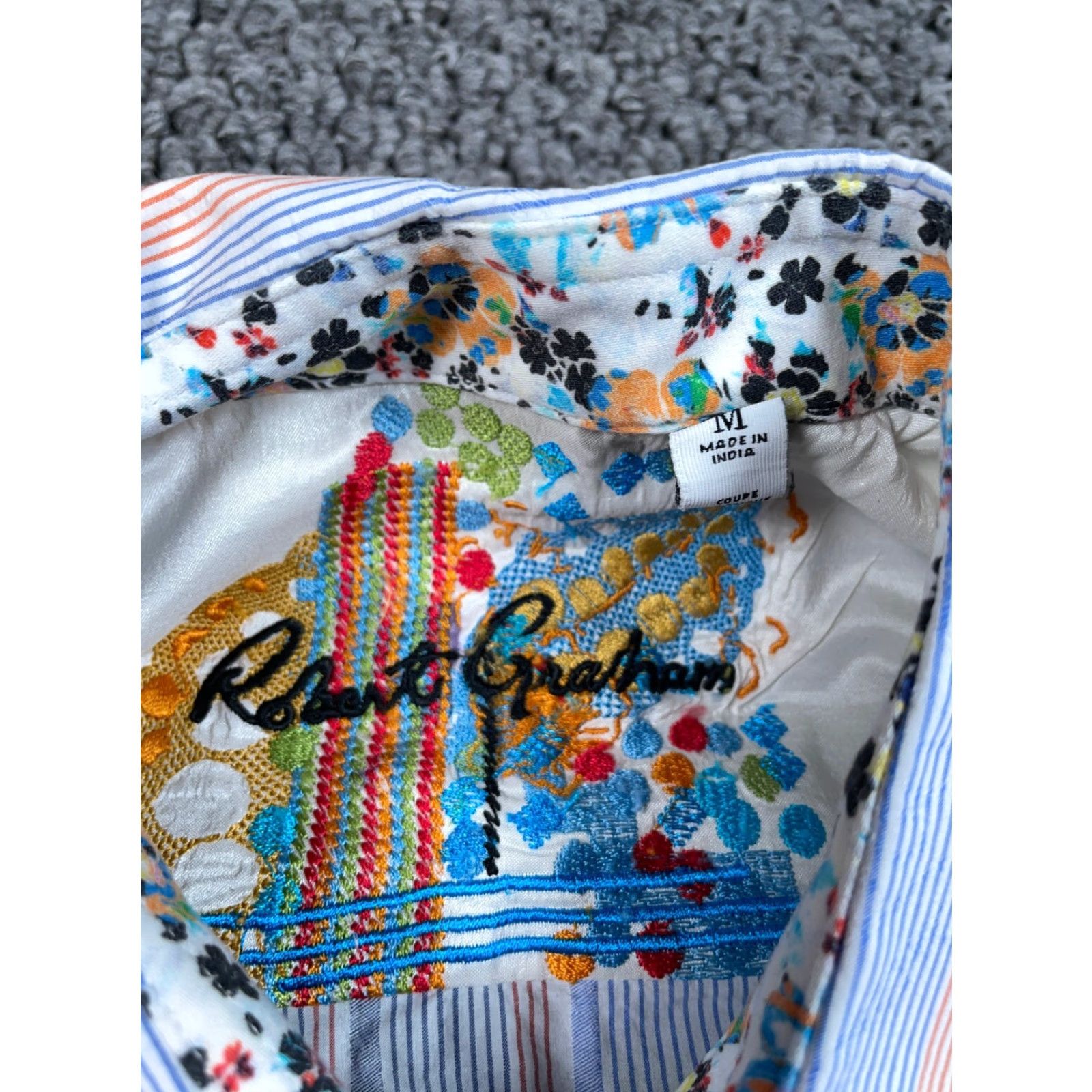 Robert Graham Robert Graham Shirt Adult Medium Blue White Floral Flip Cuff Striped Pattern Size US M / EU 48-50 / 2 - 3 Thumbnail