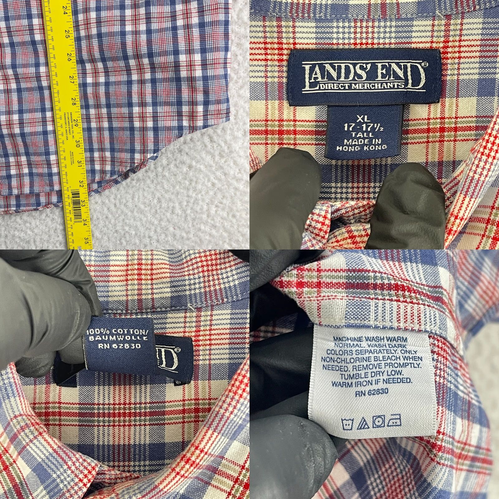 Lands' End VINTAGE Lands' End Button-Down Dress Shirt Mens XL Red Blue Plaid Long Sleeve Size 46R - 8 Thumbnail