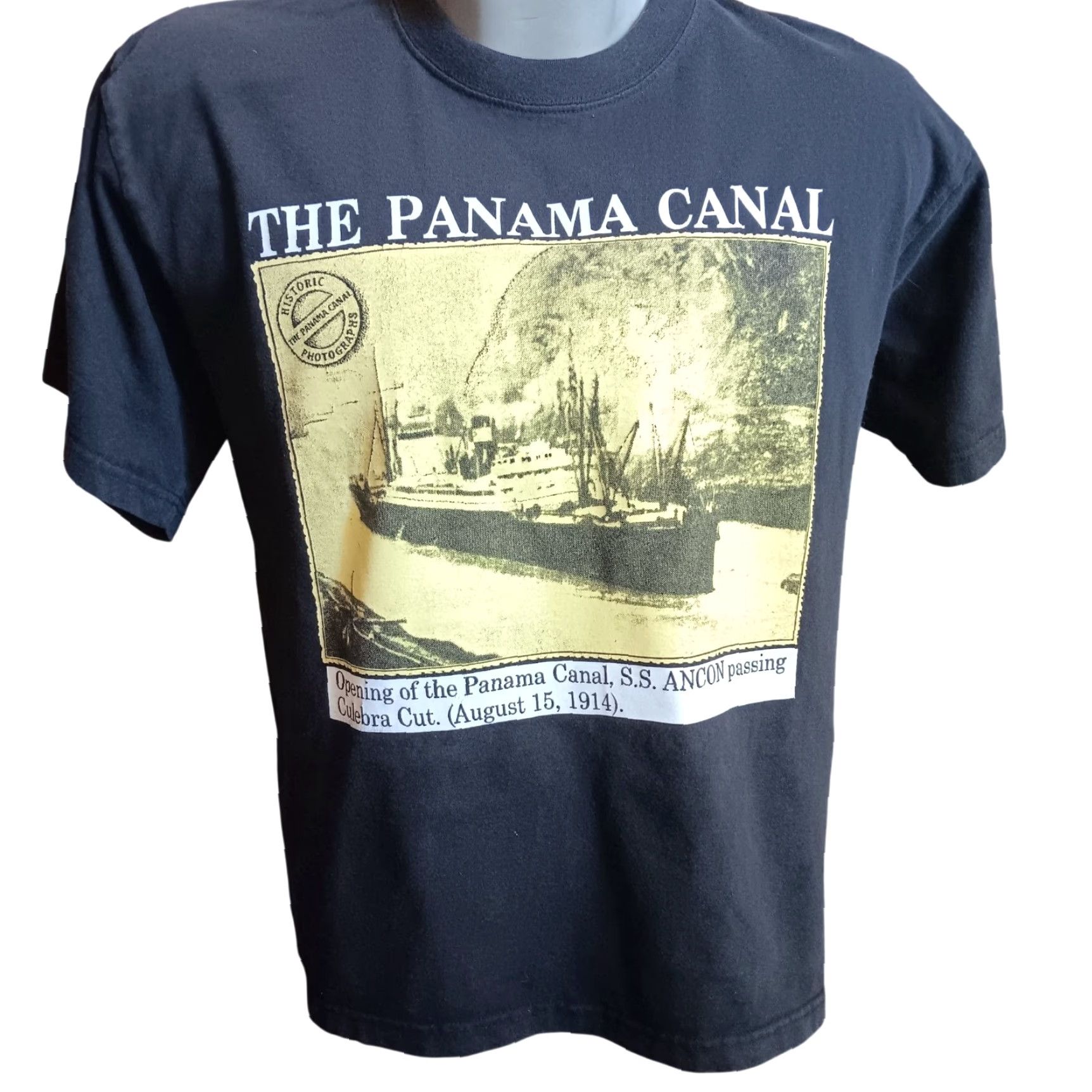 VINTAGE Panama Men's T-Shirt 1990s Graphic Print Panama Canal S.S. Ancon Crew Neck Short Sleeve Cotton Large Black Retro