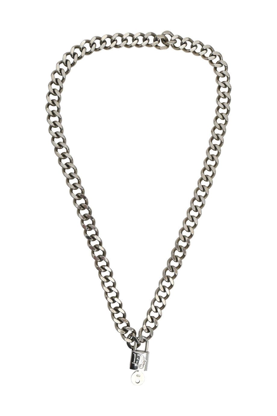 image of Christian Dior Sterling Silver Logo-Embossed Padlock Chainlink Necklace, Women's