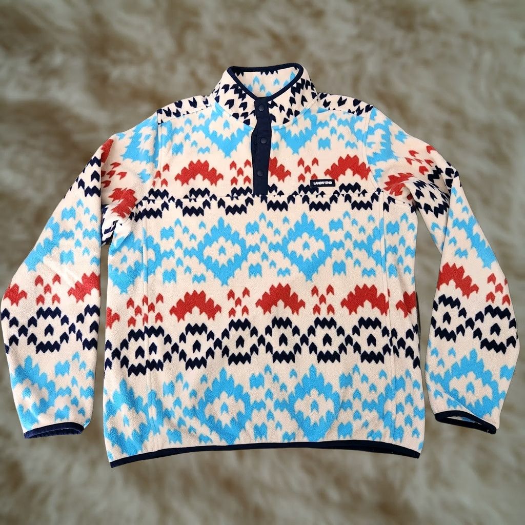 Lands' End Lands' End Fleece Pullover Mens Large Aztec AOP Soft Outdoors Sweater Pullover Multicolor Aztec Theme Mens Regular Size L Size US L / EU 52-54 / 3 - 1 Thumbnail