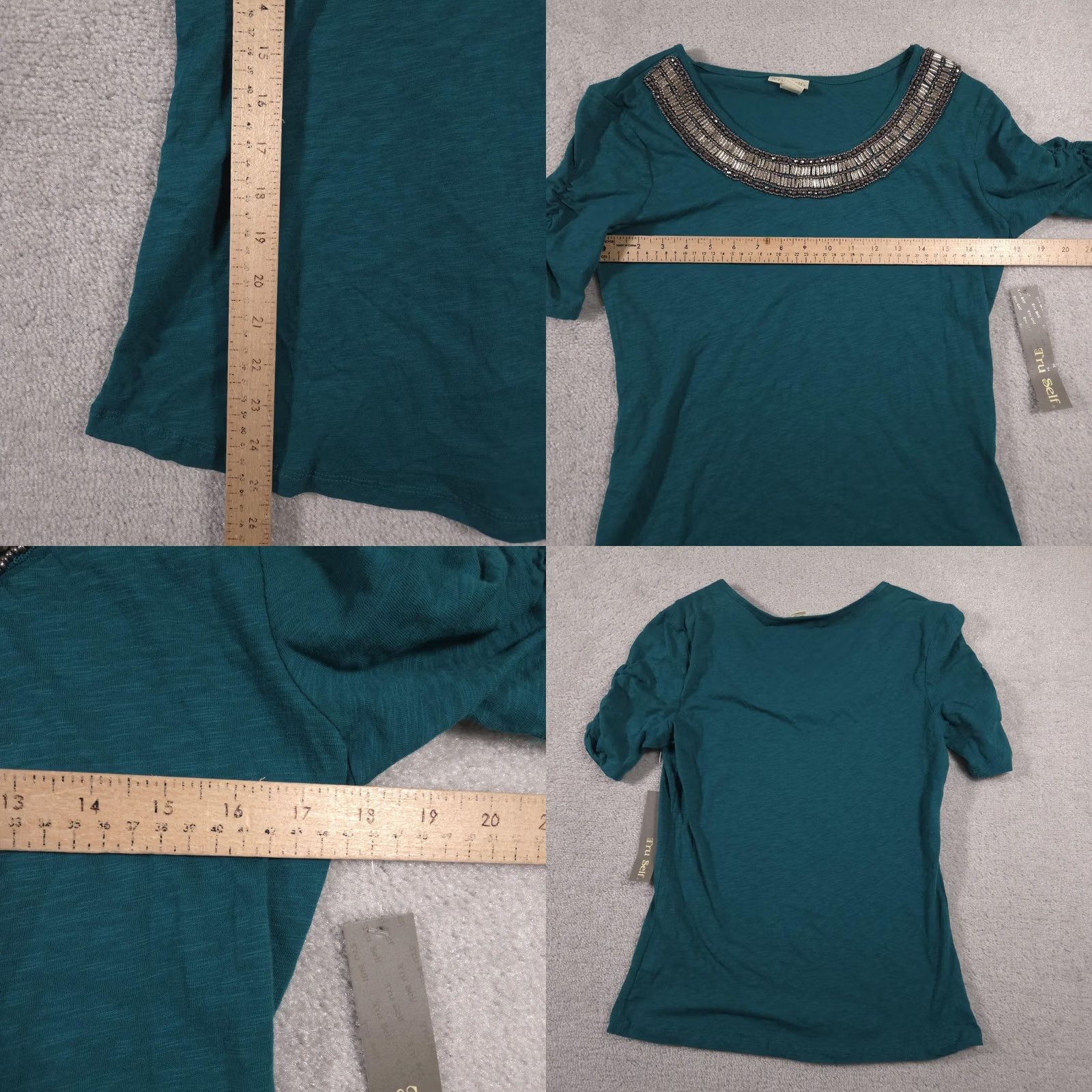 Altea Tru Self Shirt Womens Small Teal Blue Beaded Embellished Neck Short Sleeve Top Size S / US 4 / IT 40 - 8 Thumbnail