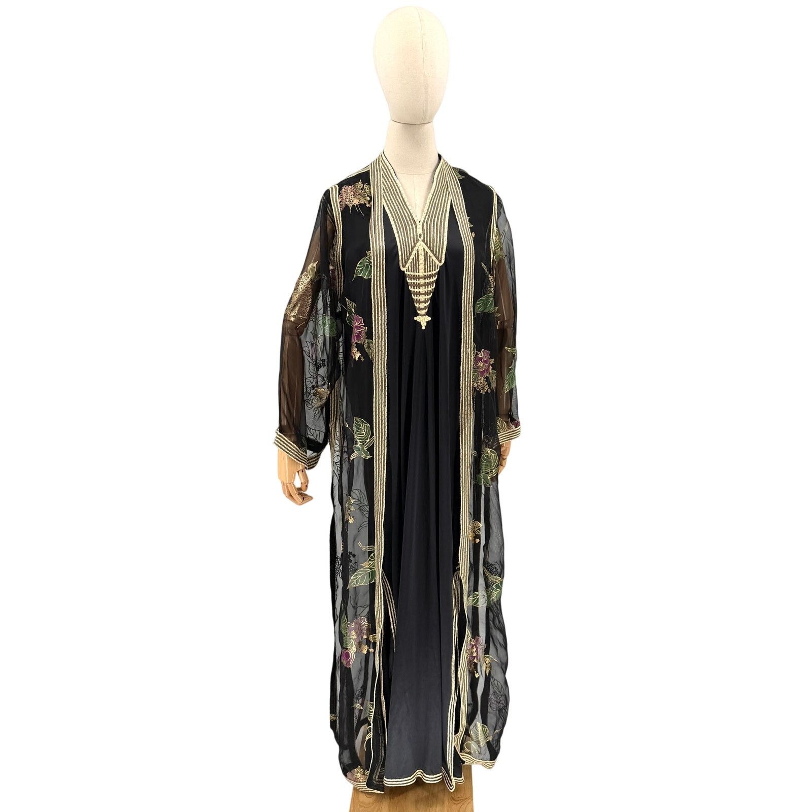 Vintage Handcrafted Black Gold Jalabiya Tunic Dress Duster Set Size L / US 10 / IT 46 - 1 Thumbnail