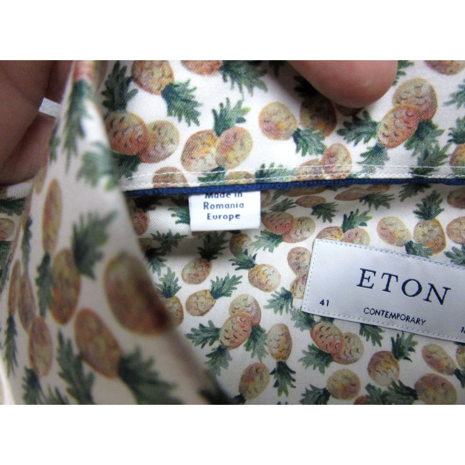 Eton VINTAGE? No — ETON Shirt Mens 16 Large Pineapple All Over Print Short Sleeve Contemporary White Cotton Slim Designer Shirt Size US L / EU 52-54 / 3 - 4 Thumbnail