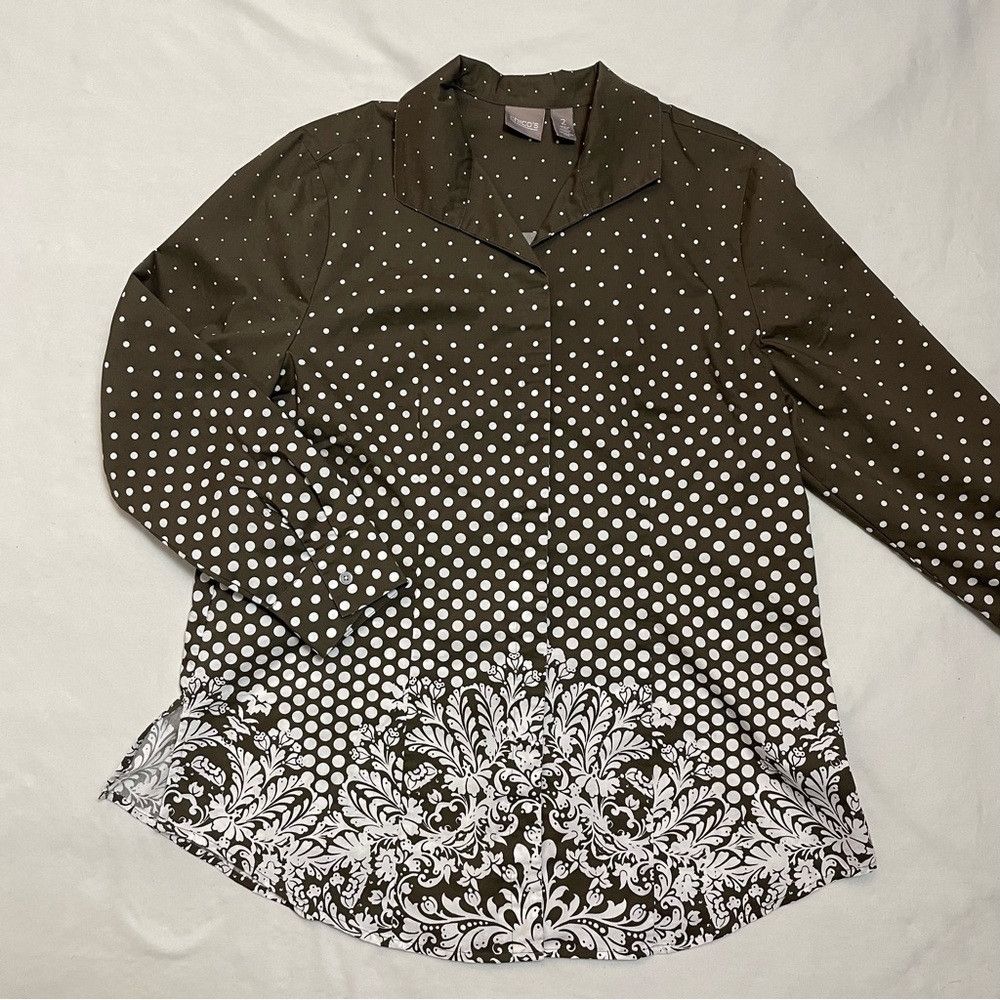 Chicos Chico's Polka Dot Floral Cotton Blend Long Sleeve Button Sh Size L / US 10 / IT 46 - 8 Thumbnail