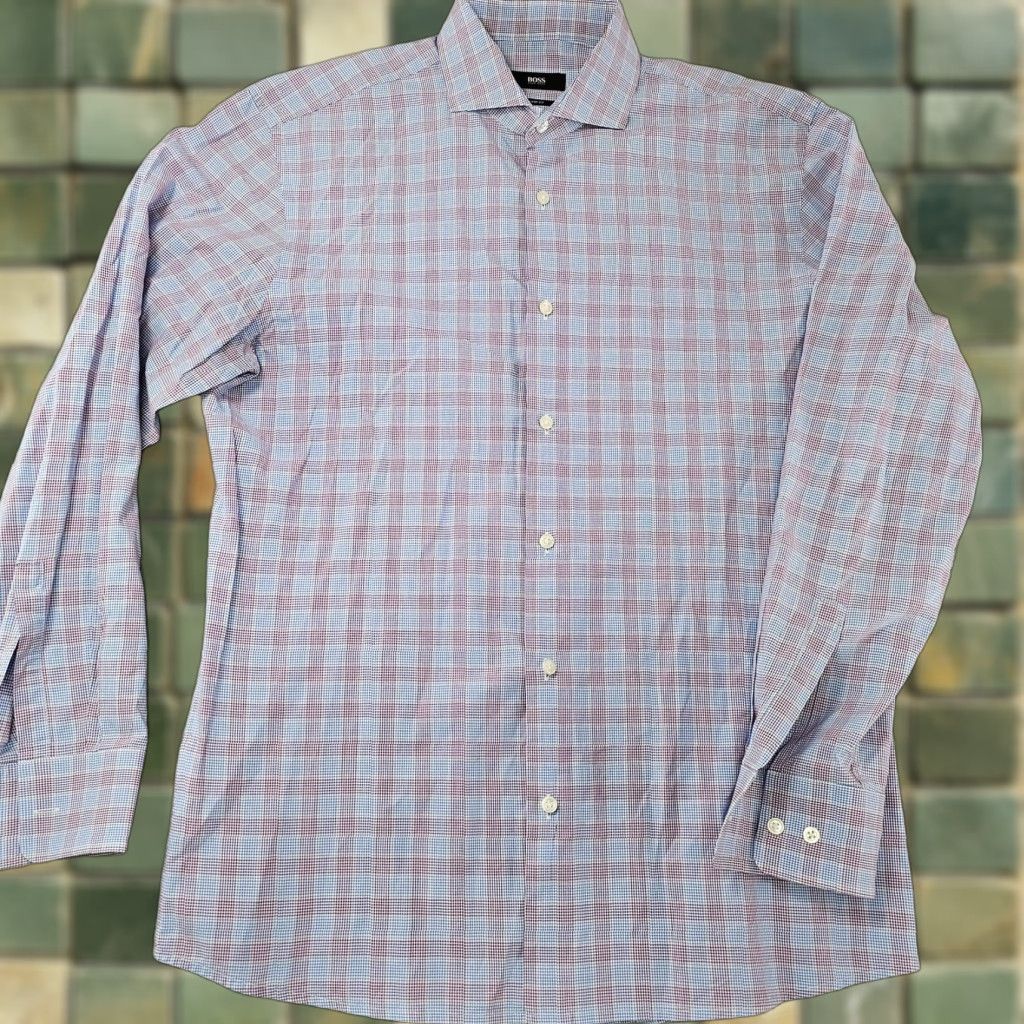 Hugo Boss BOSS Hugo Boss Dress Shirt Mens 16 34/35 Blue Purple Plaid Sharp Fit Long Sleeve Shirt Size 42R - 1 Thumbnail