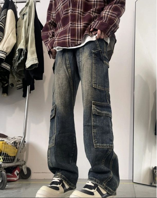 Patchwork Blue Cargo Jeans Multi-pockets