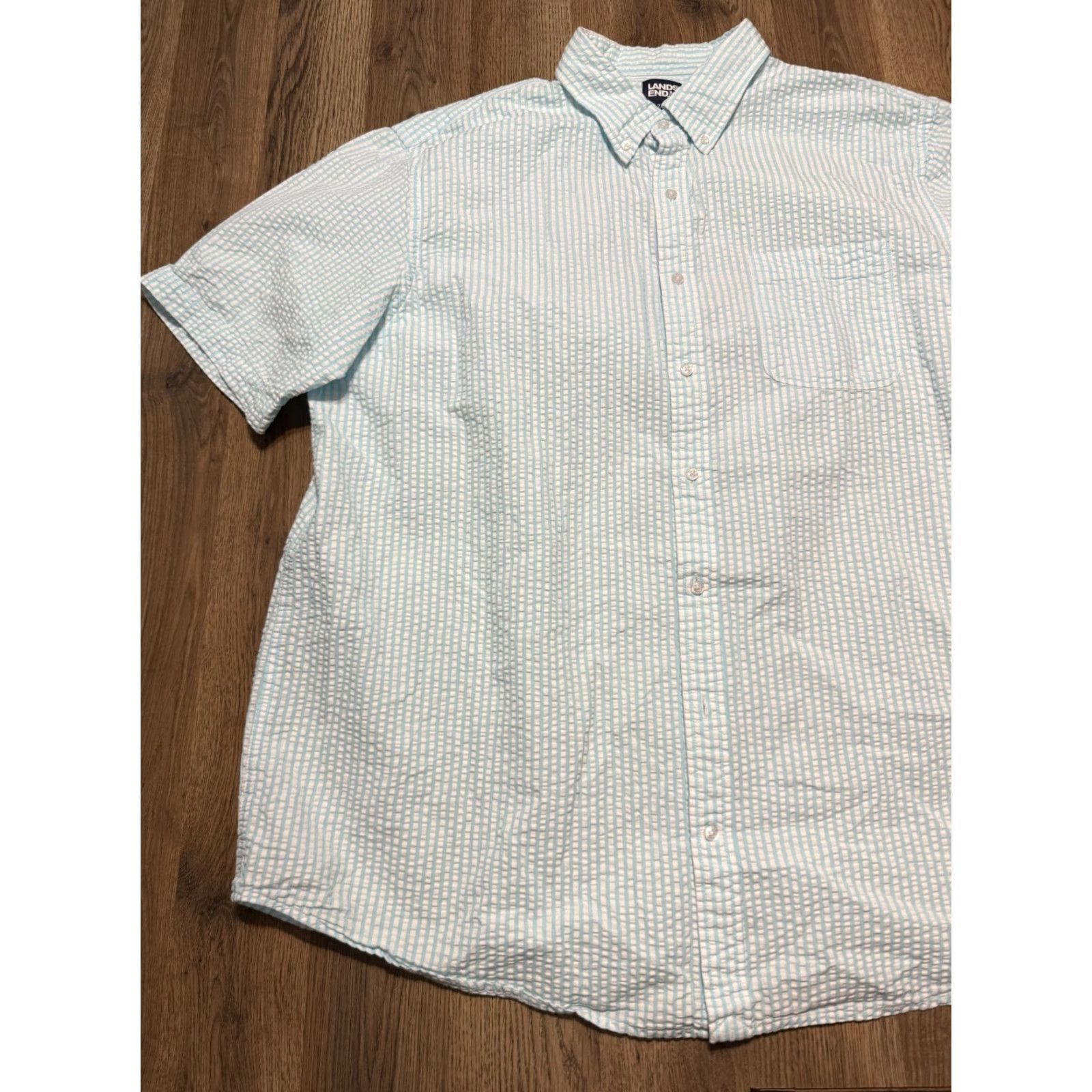 Lands' End Lands' End Shirts Men's 2XL White Blue Short Sleeve Button-Up Casual Pocket Shirt Size US XXL / EU 58 / 5 - 3 Thumbnail