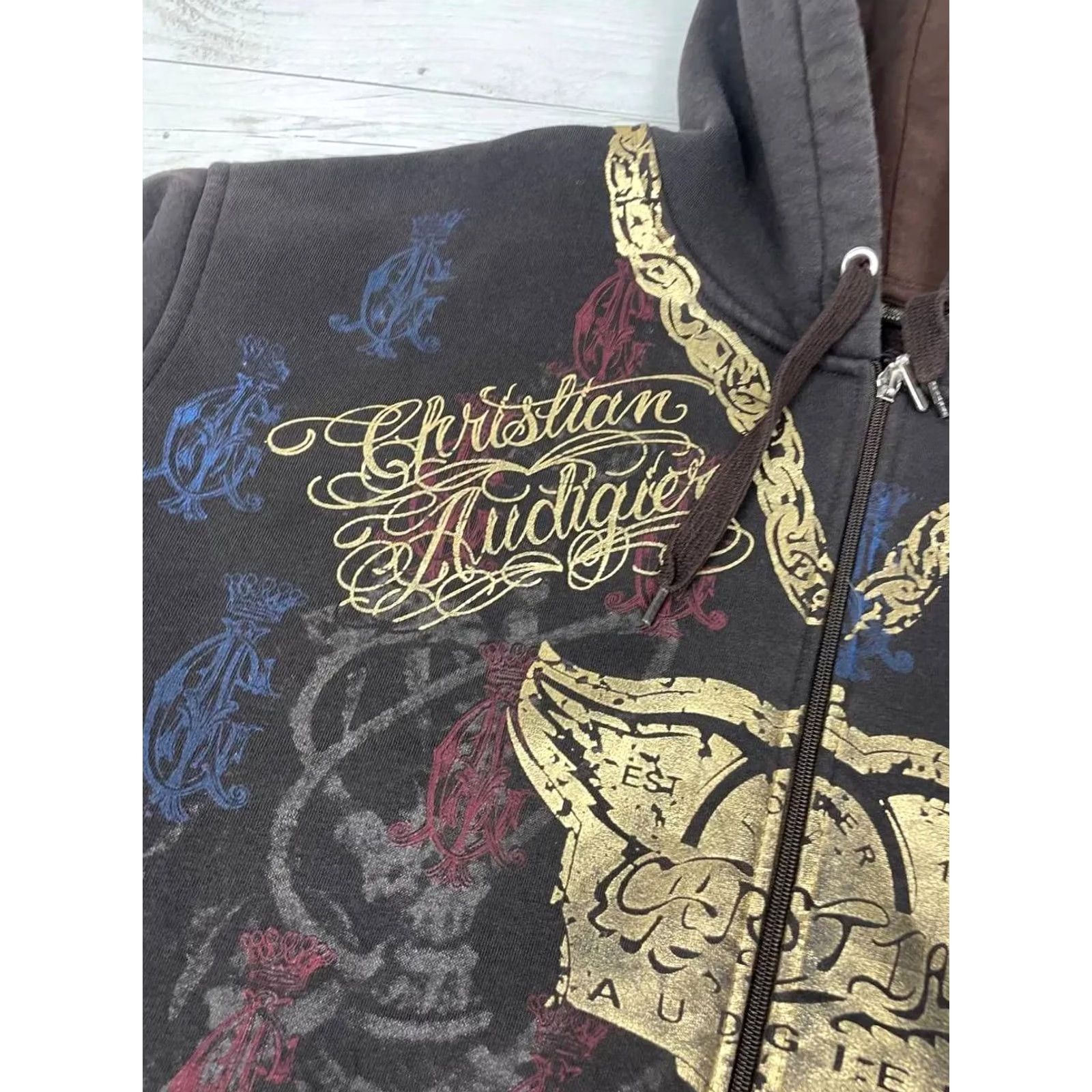 Vintage VINTAGE Christian Audigier Hoodie Full Zip Mens 2XL Brown 90s Love Full Zip Hooded Sweatshirt Brown 90s Size US XXL / EU 58 / 5 - 7 Thumbnail