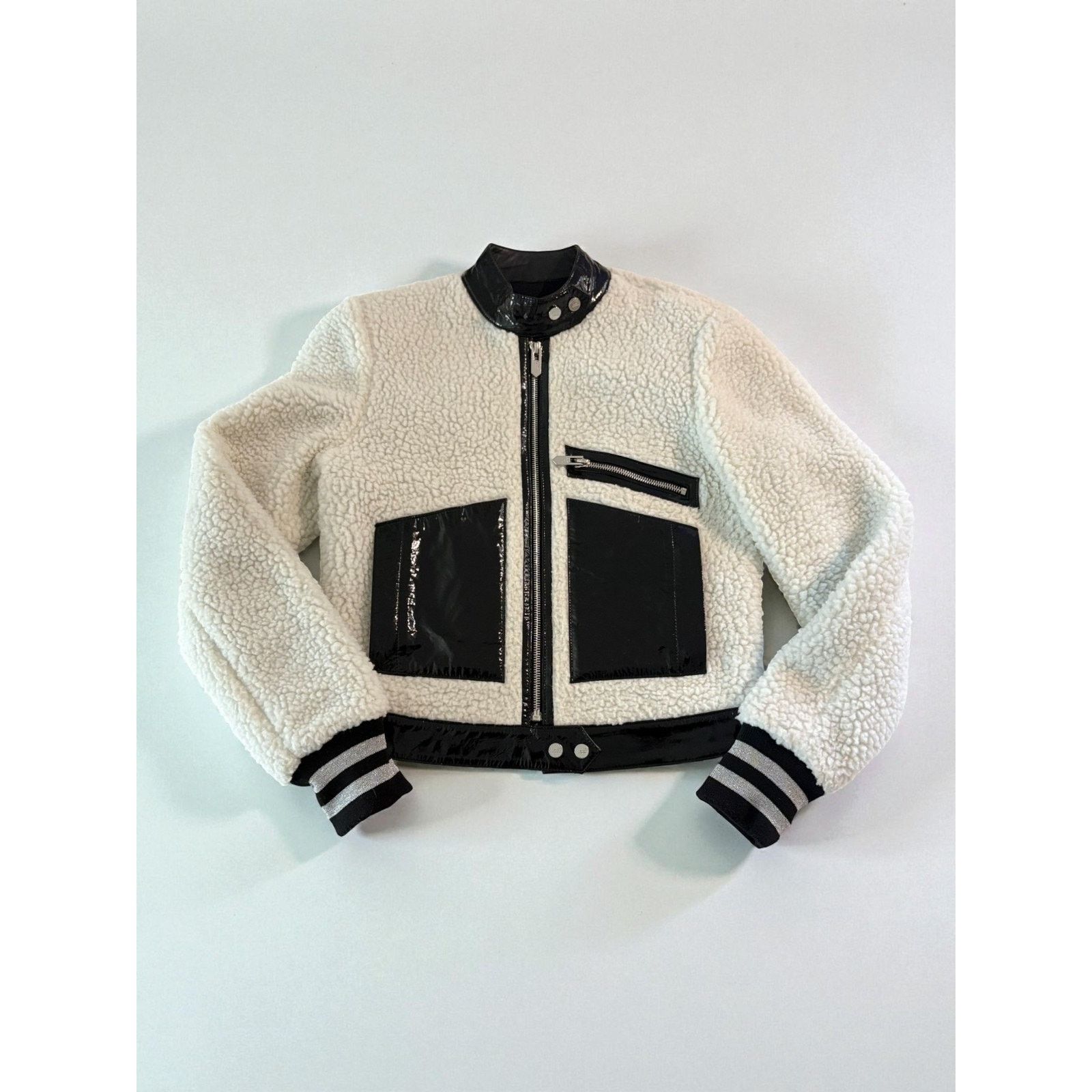 Other Handmade Black & White Shearling Moto Jacket Patent Leather Size XS / US 0-2 / IT 36-38 - 1 Thumbnail