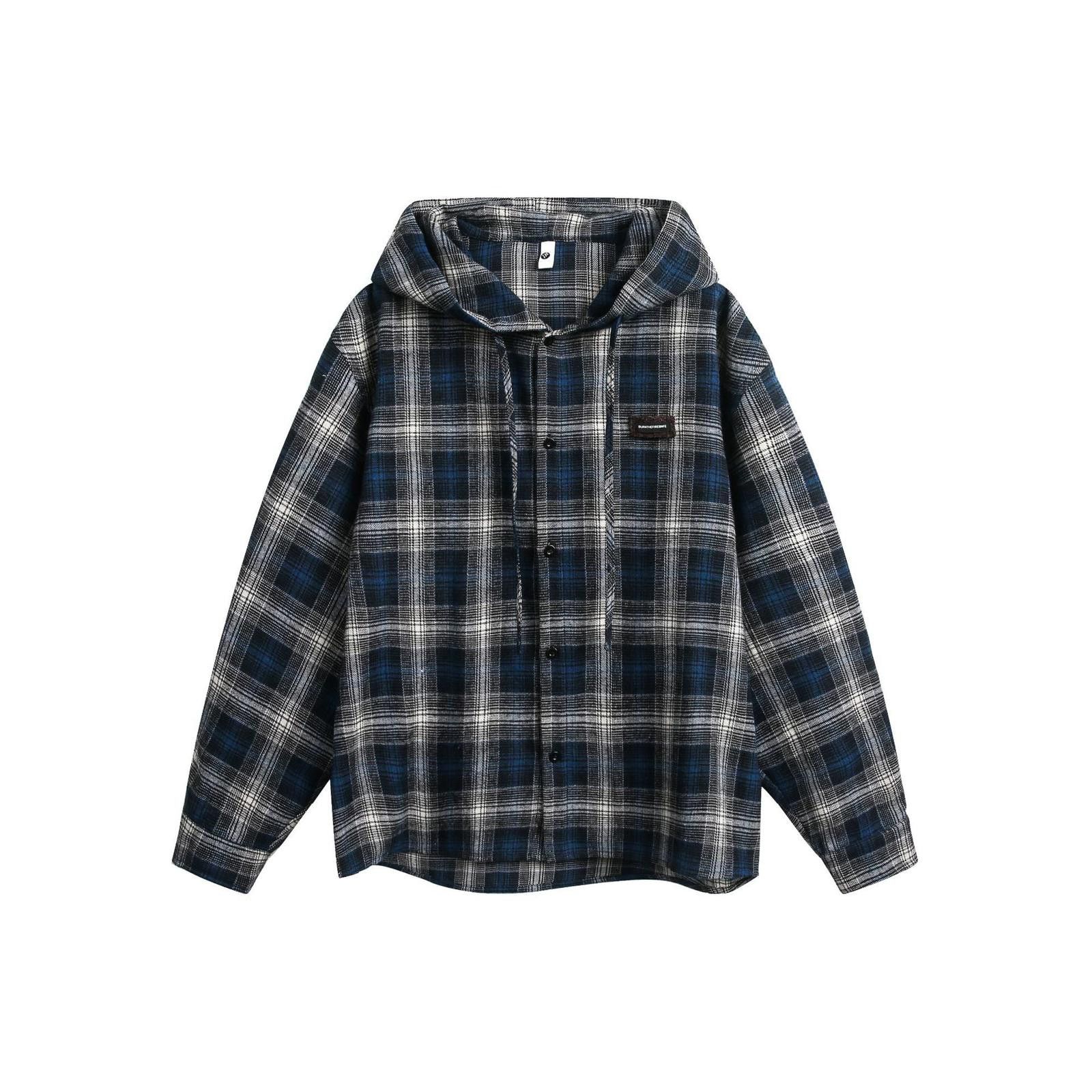 Japanese Brand Blue Black Plaid Hooded Casual Shirt, Button-Up Shirt Size US M / EU 48-50 / 2 - 1 Thumbnail