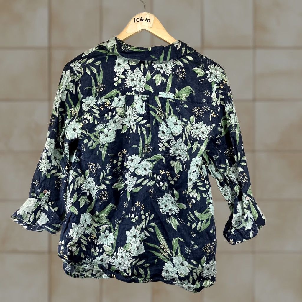 Charter Club Charter Club Women's Button Front Top Linen Roll Tab Sleeve Floral Blue M IP Size M / US 6-8 / IT 42-44 - 1 Thumbnail
